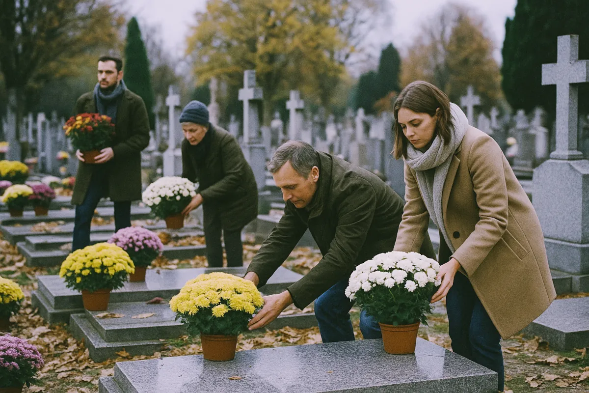 personnes déposant des chrysanthèmes sur les tombes de leur proches dans un cimetiere à la Toussaint