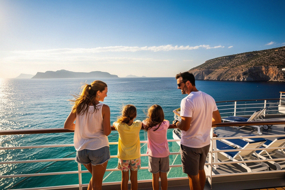 Famille en croisière en Méditerranée, enfants sur le pont regardant la mer