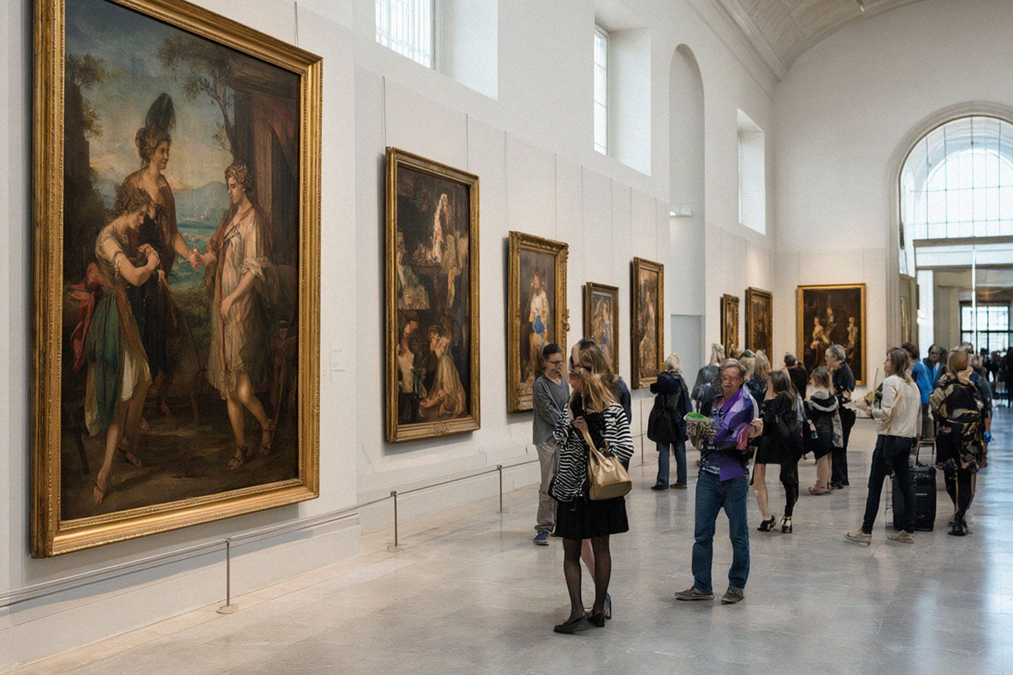 Visiteurs dans une salle de musée regardant des peintures classiques encadrées