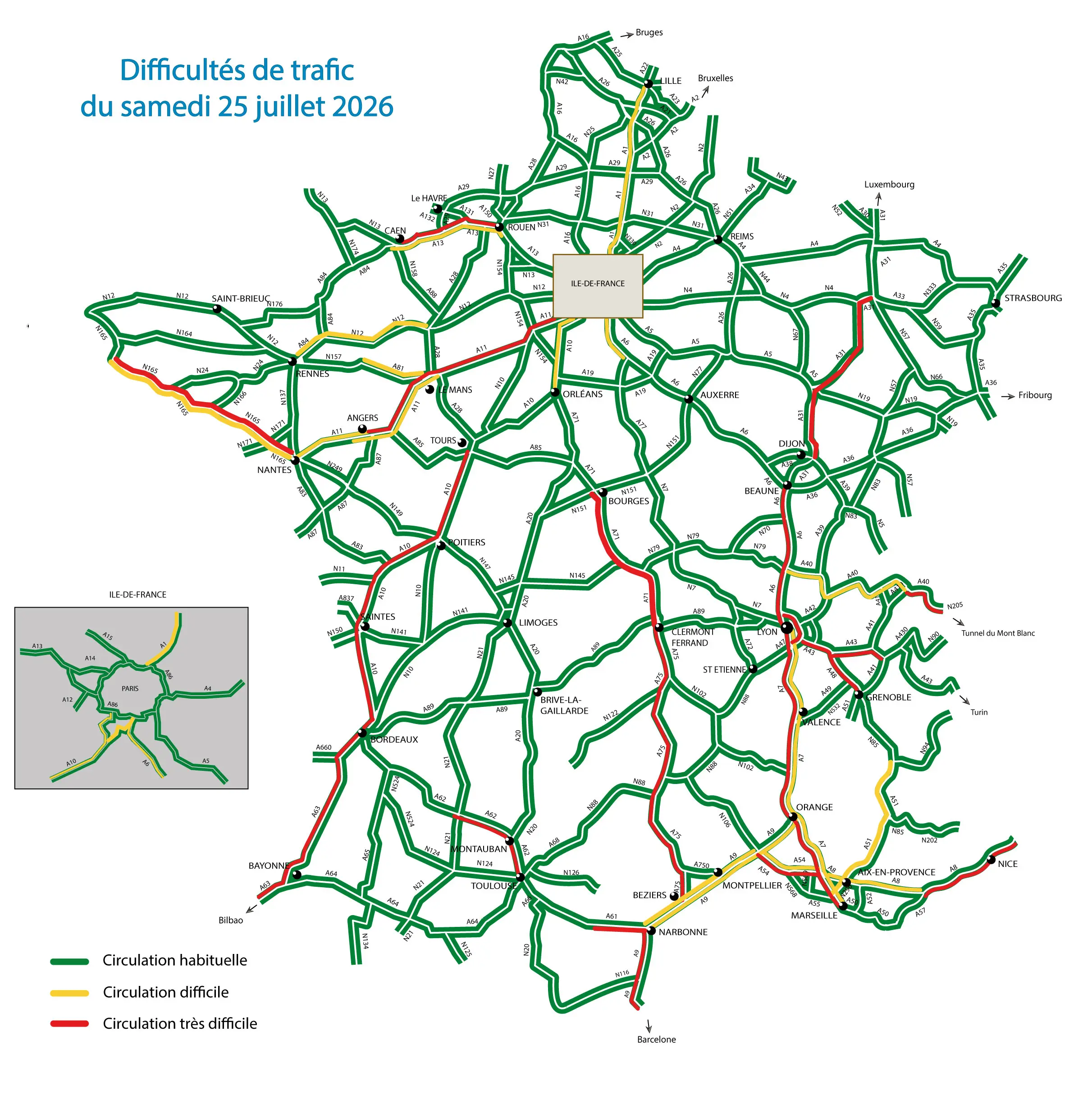 Prévisions détaillées Bison Futé 5 carte samedi 250726 2026