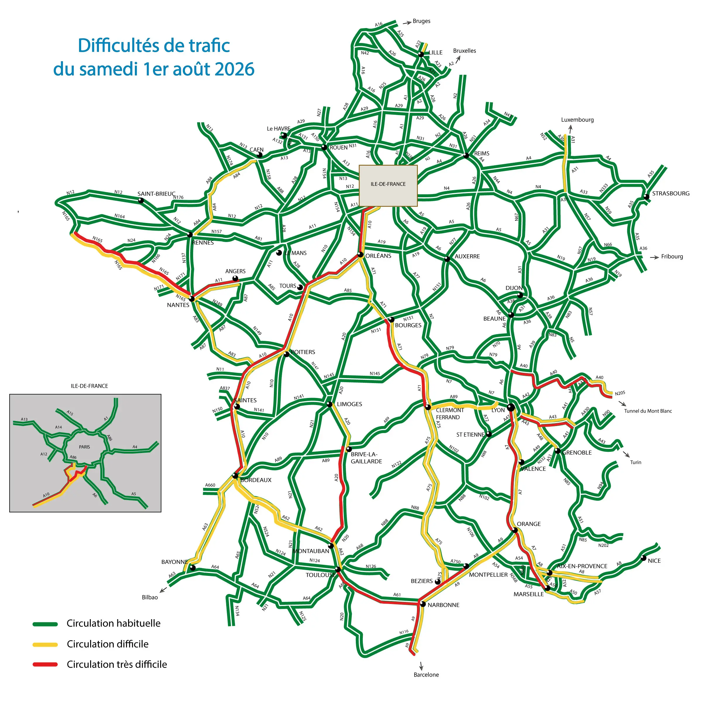 Carte des difficultés de trafic du 1<sup>er</sup> août 2026