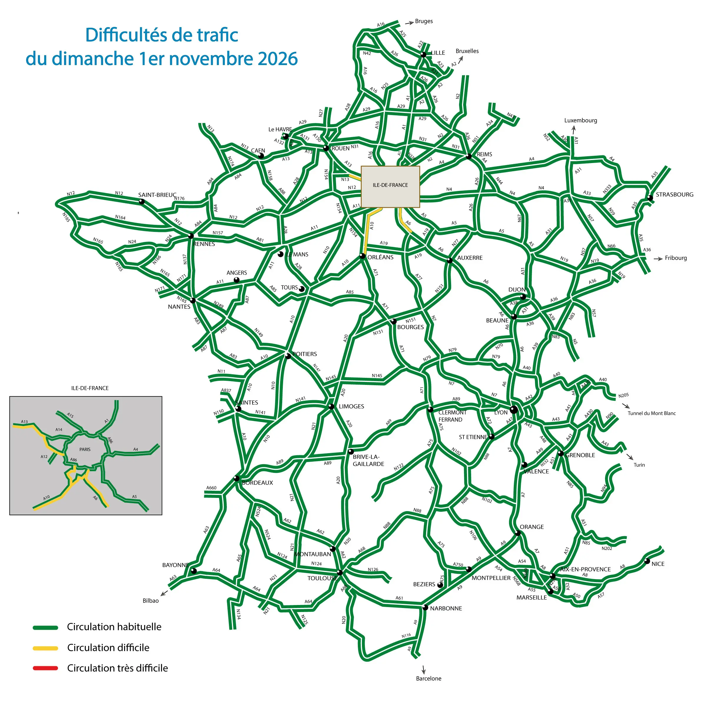Carte des difficultés de trafic du 1<sup>er</sup> novembre 2026