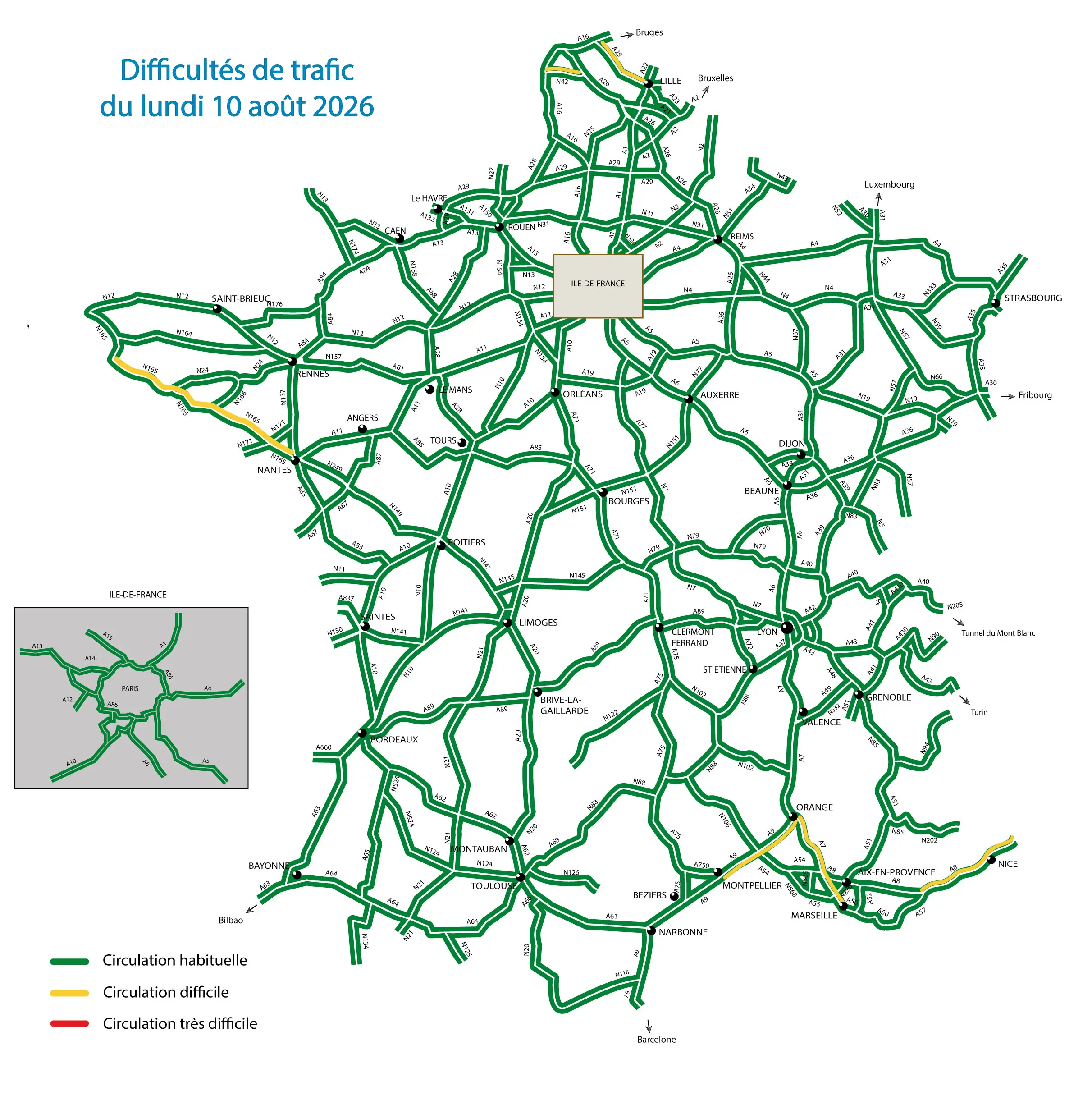 Carte des difficultés de trafic du 10 août 2026