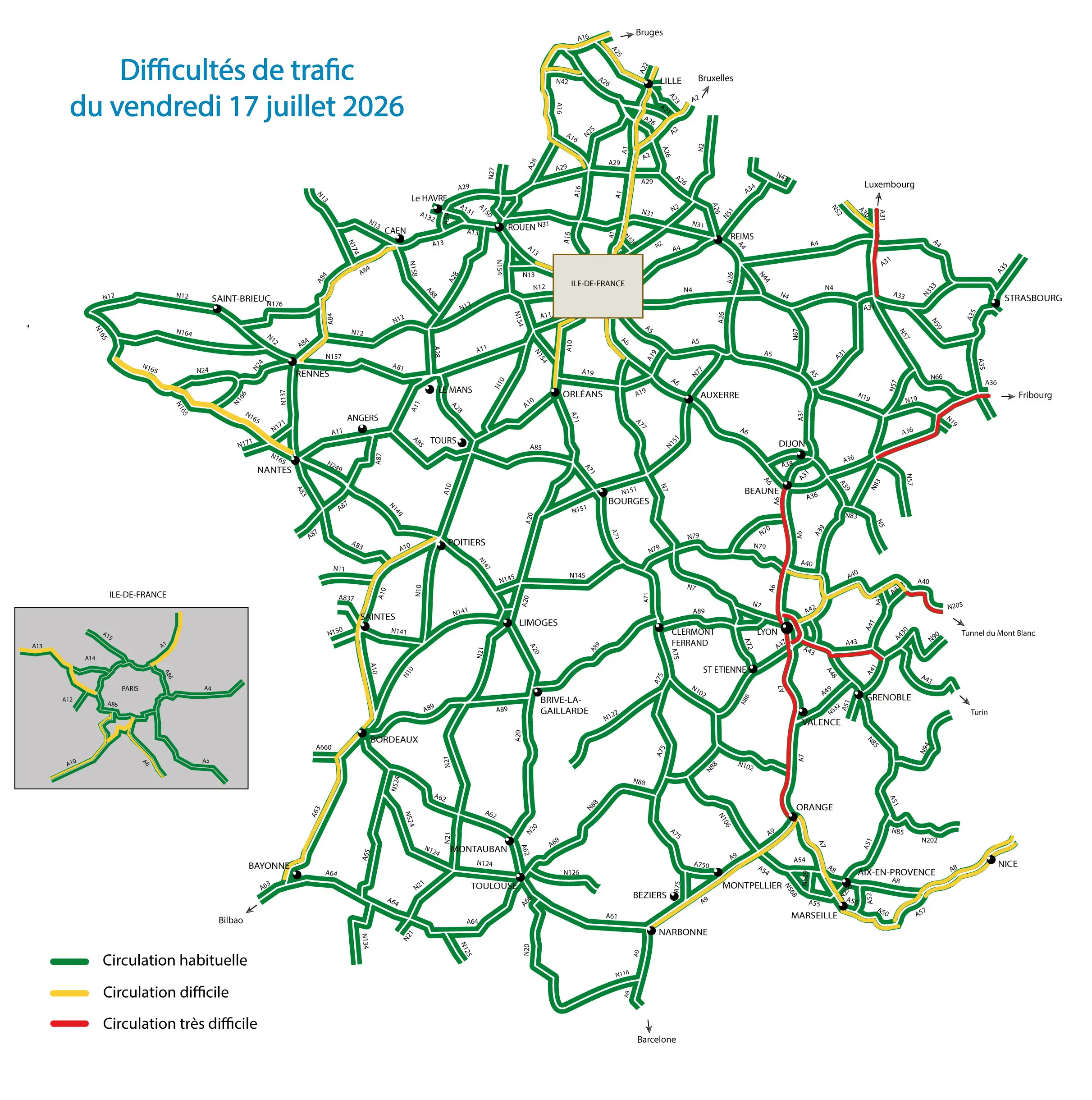 Carte des difficultés de trafic du 17 juillet 2026