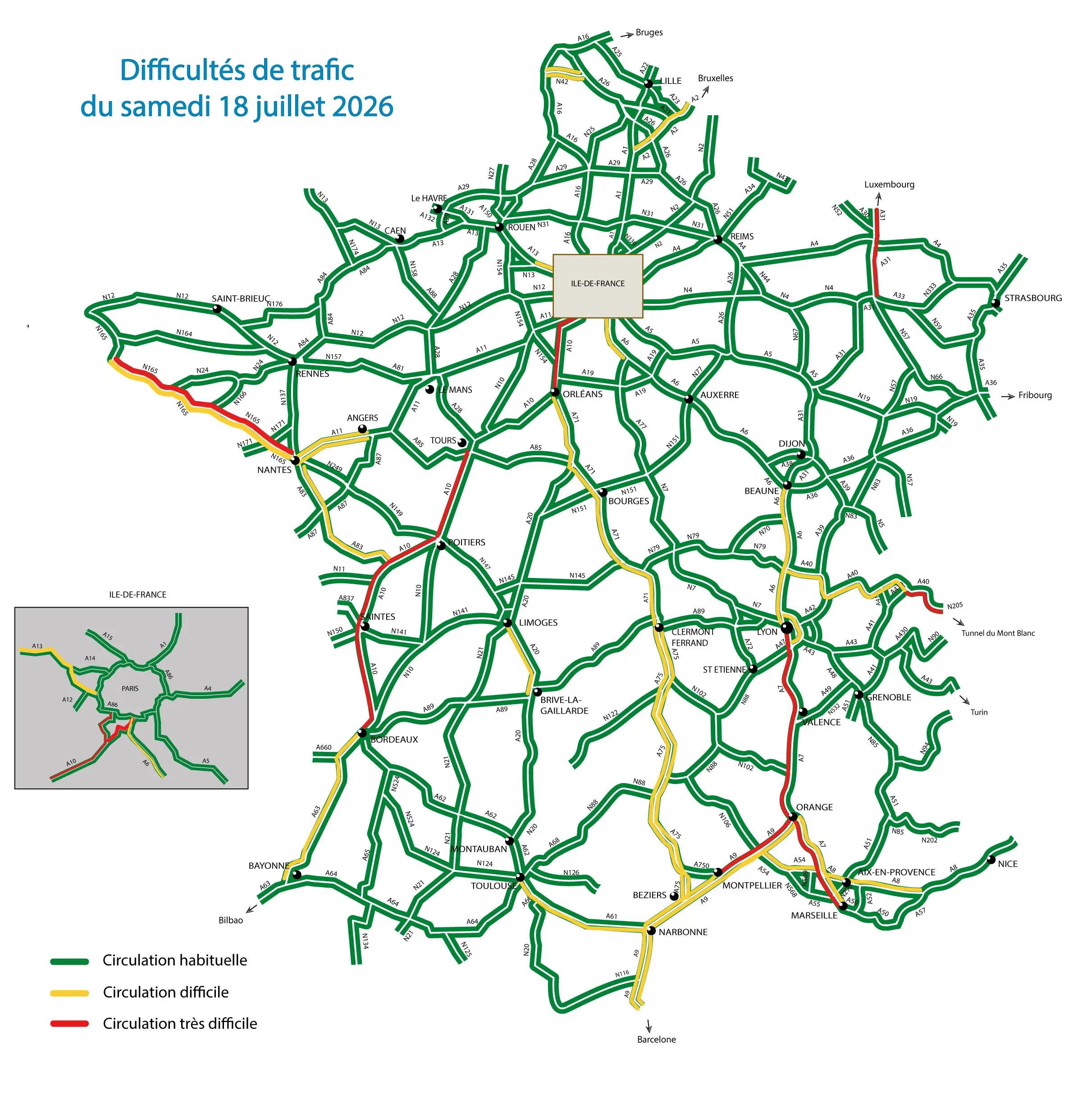 Carte des difficultés de trafic du 18 juillet 2026