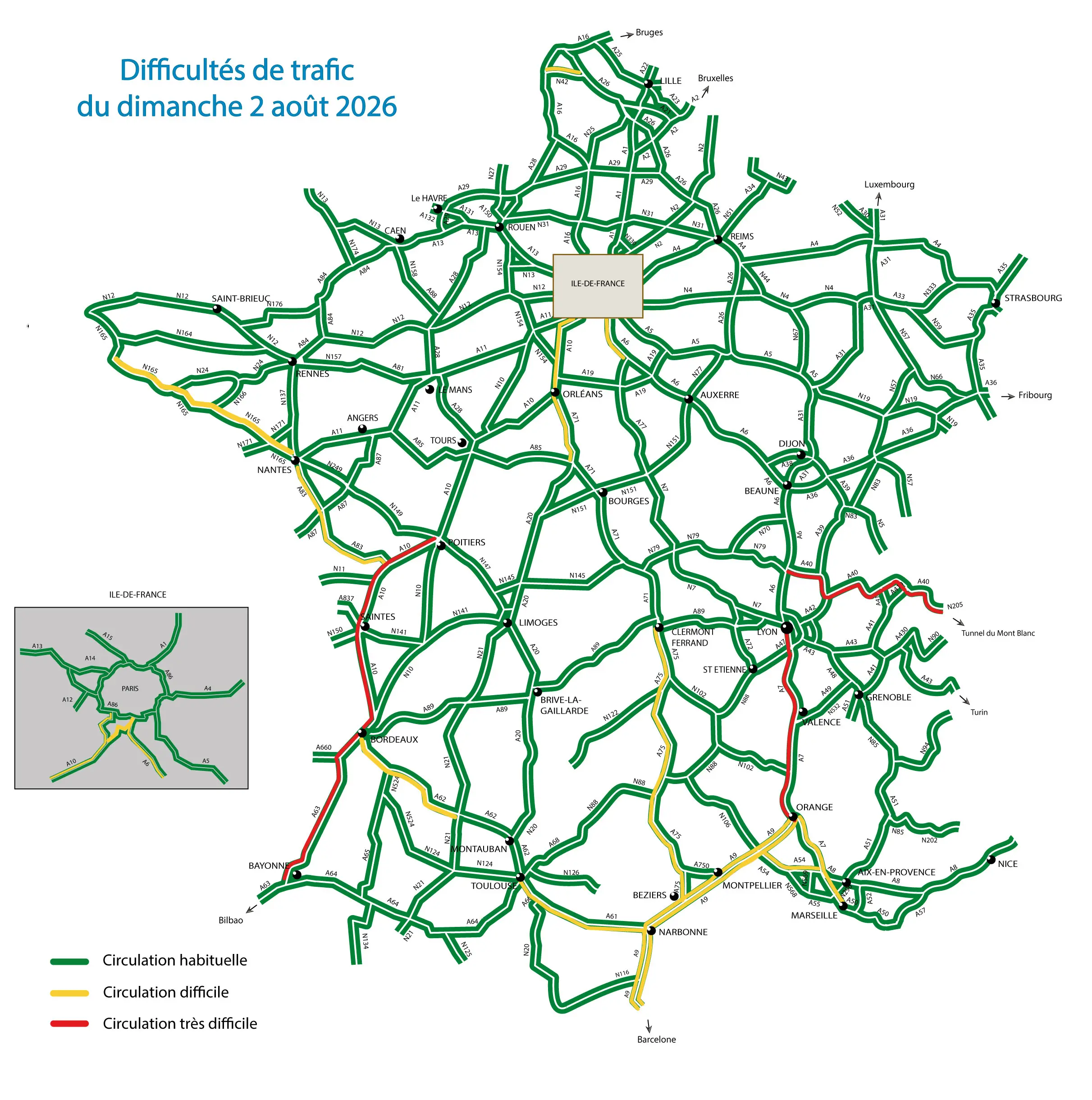 Carte des difficultés de trafic du 2 août 2026