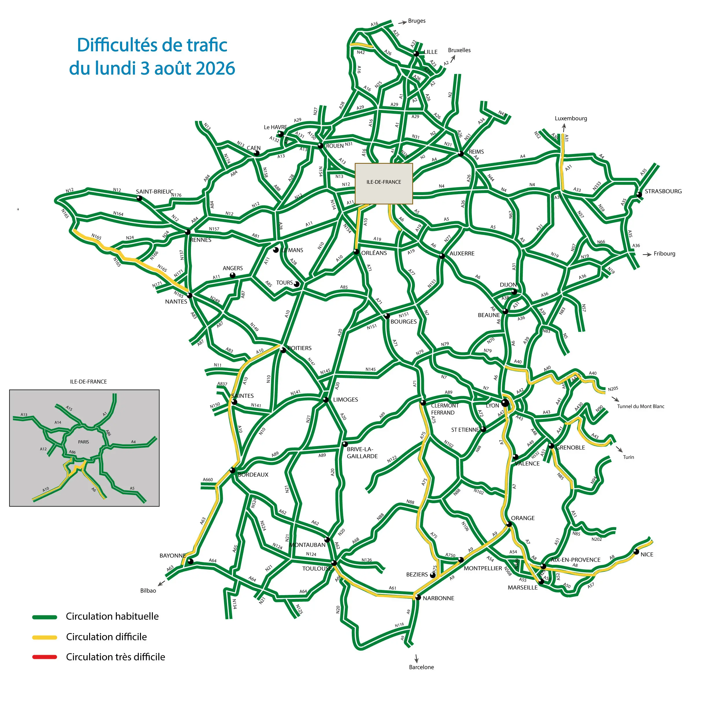 Carte des difficultés de trafic du 3 août 2026