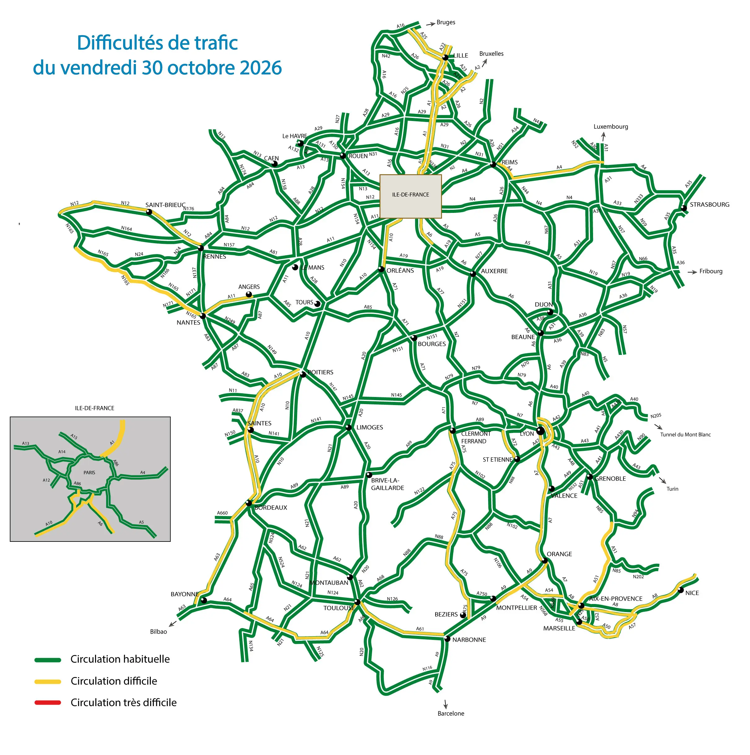 Carte des difficultés de trafic du 30 octobre 2026
