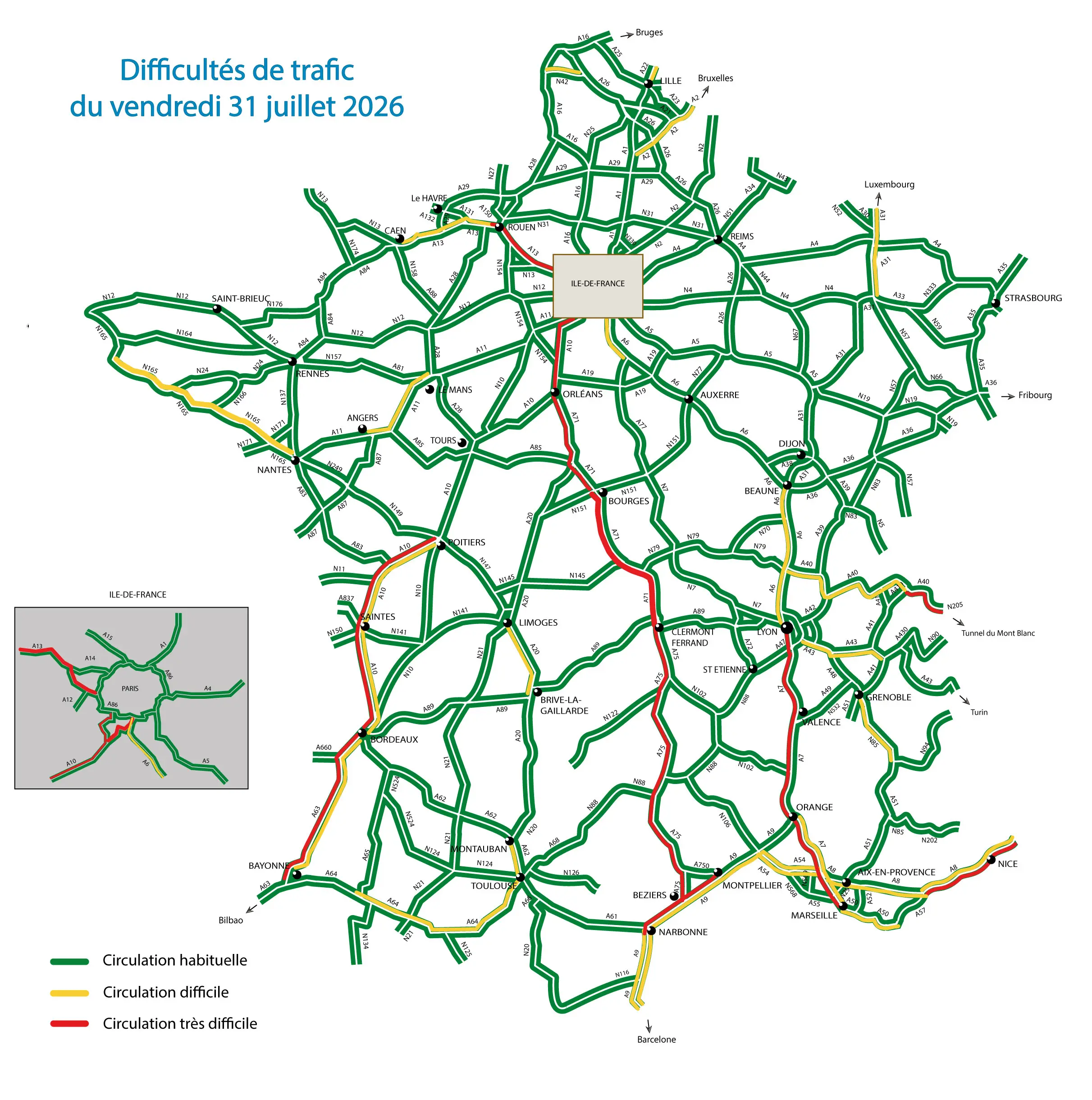 Carte des difficultés de trafic du 31 juillet 2026