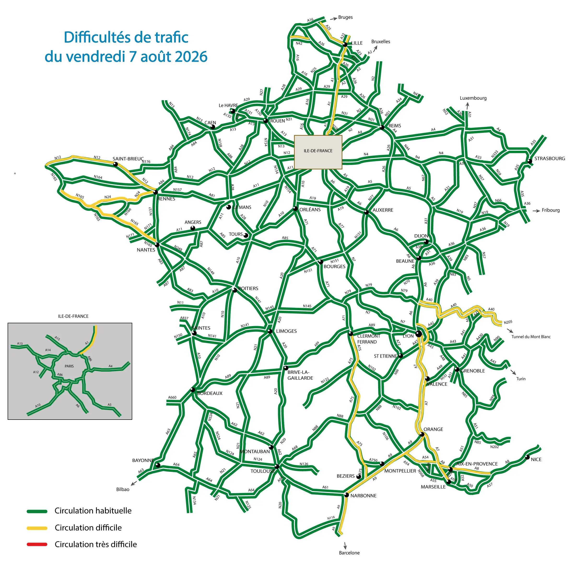 Carte des difficultés de trafic du 7 août 2026