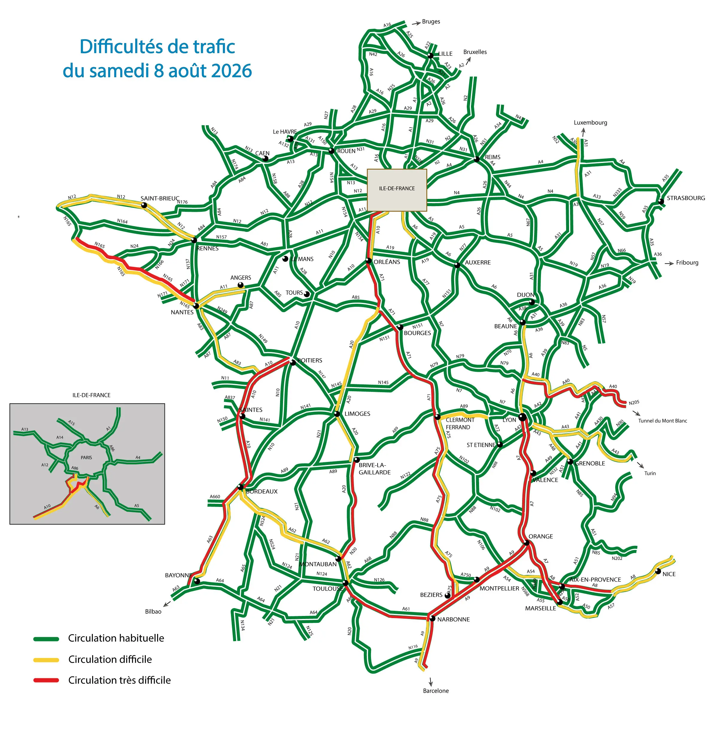 Carte des difficultés de trafic du 8 août 2026