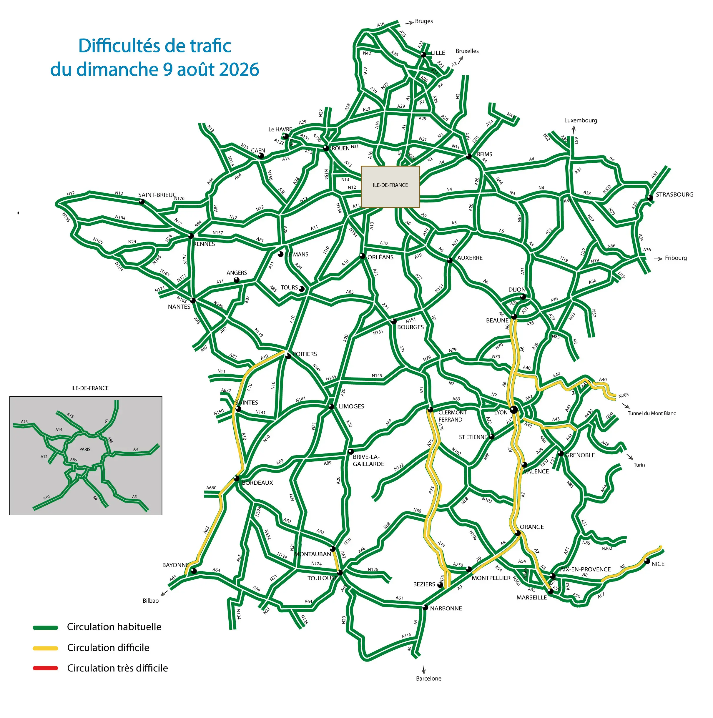 Carte des difficultés de trafic du 9 août 2026