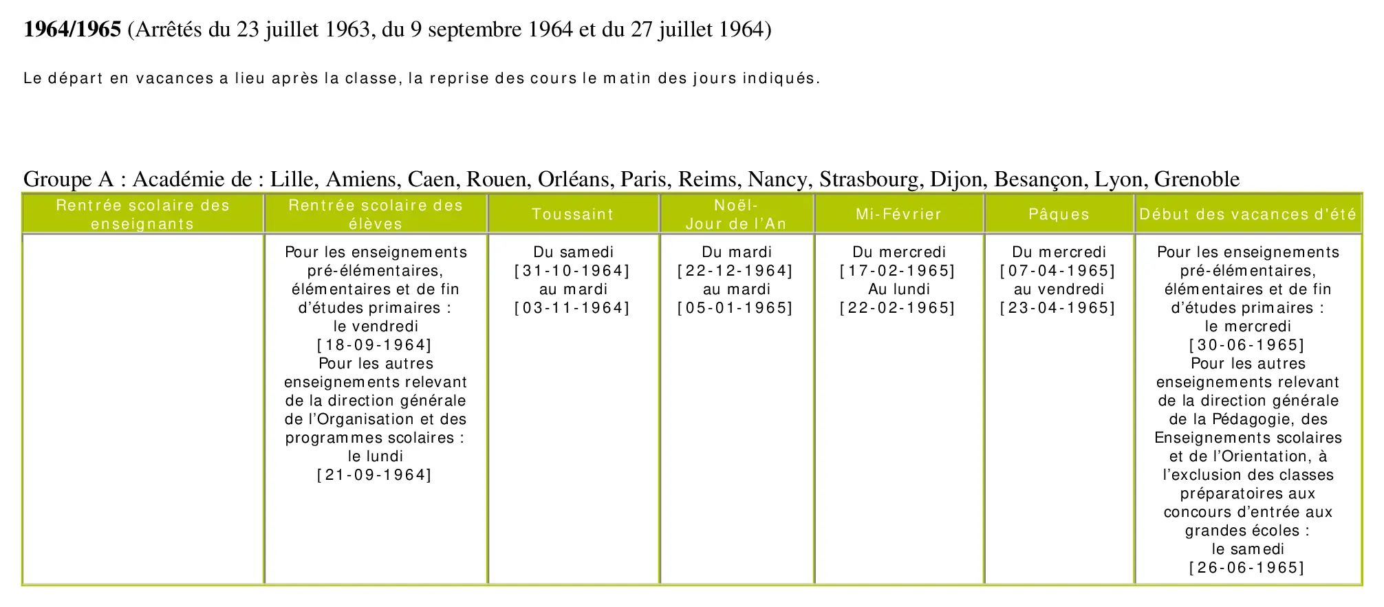 calendrier scolaire officiel 1964-1965