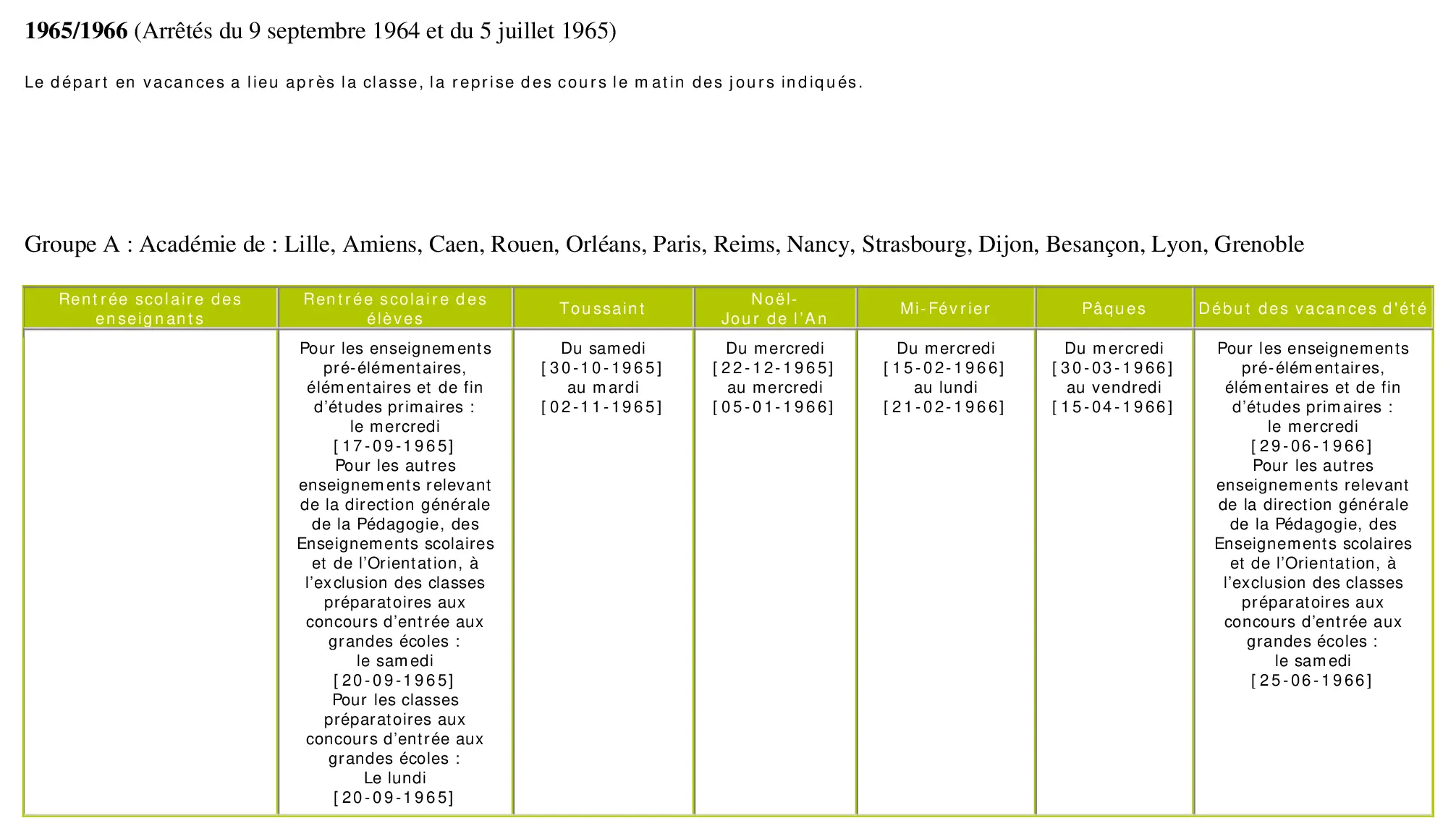 calendrier scolaire officiel 1965-1966