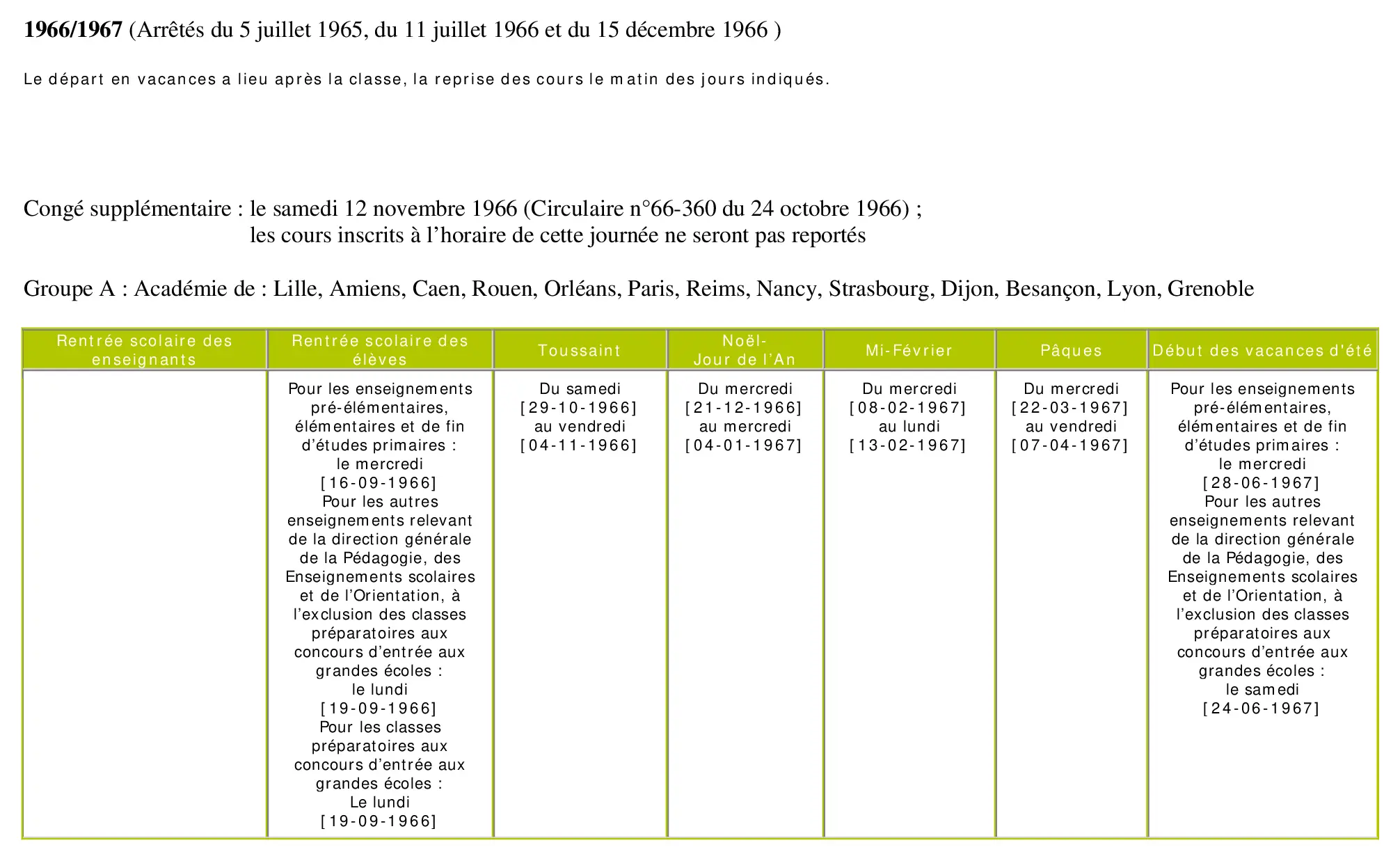 calendrier scolaire officiel 1966-1967