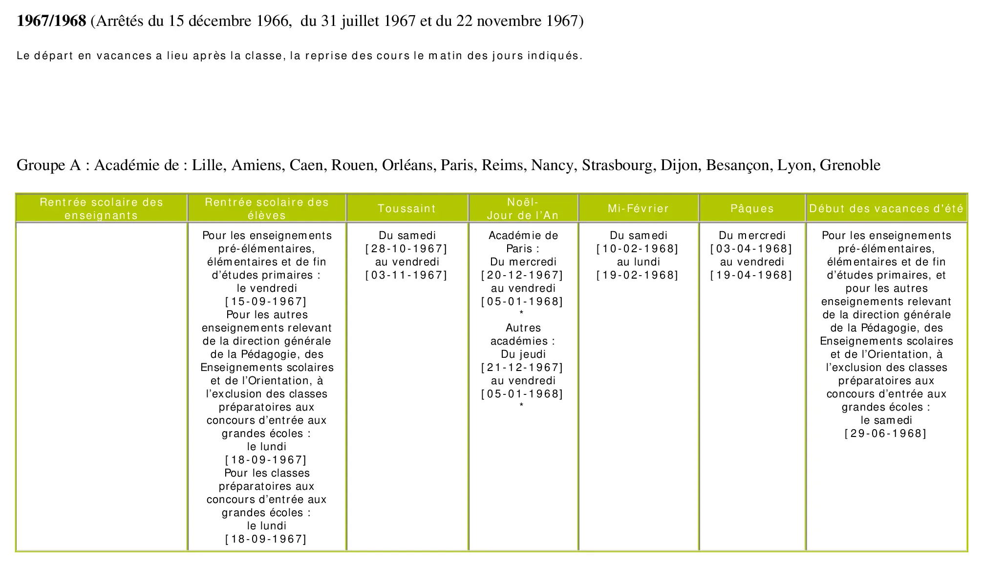 calendrier scolaire officiel 1967-1968