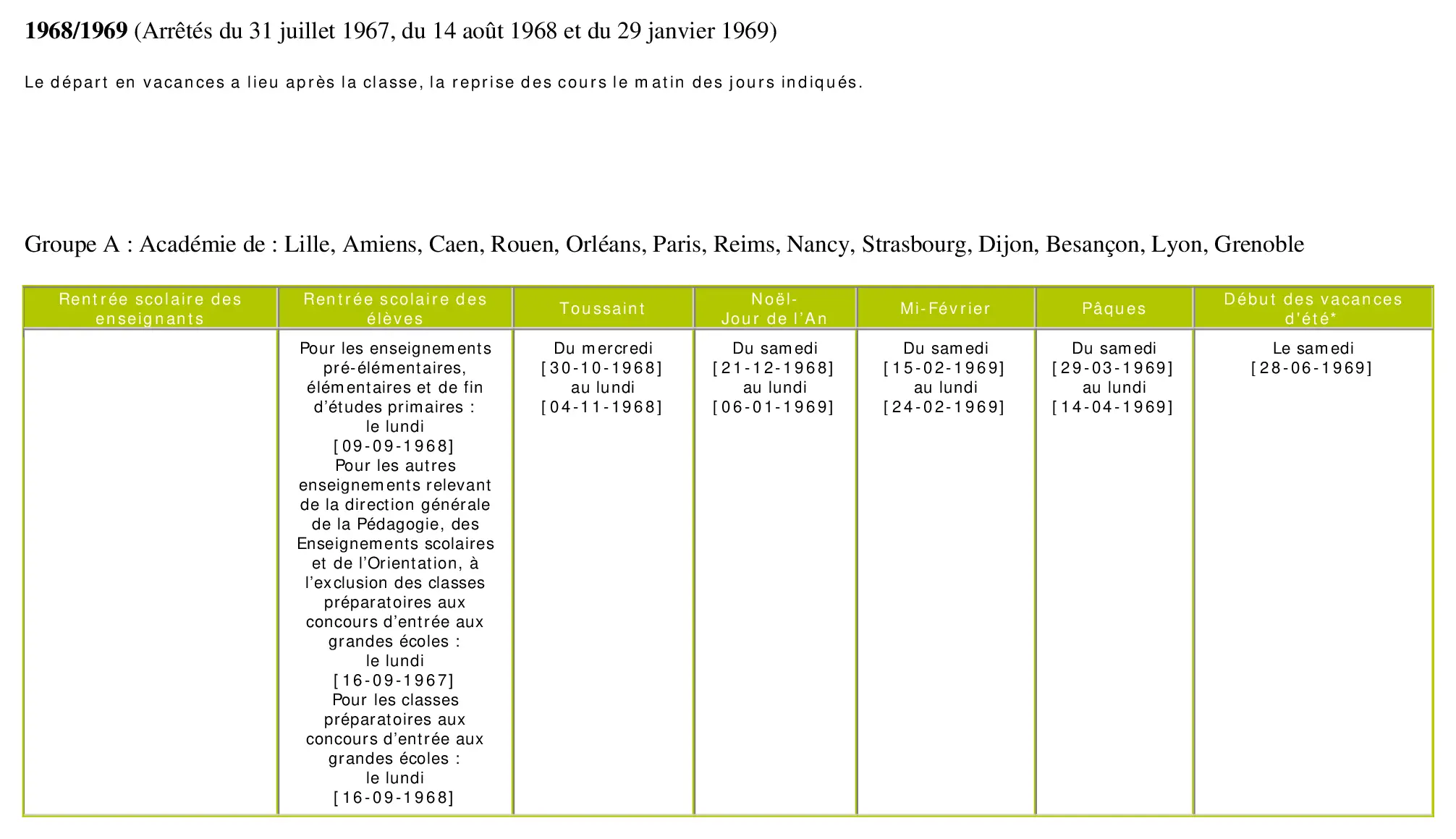 calendrier scolaire officiel 1968-1969