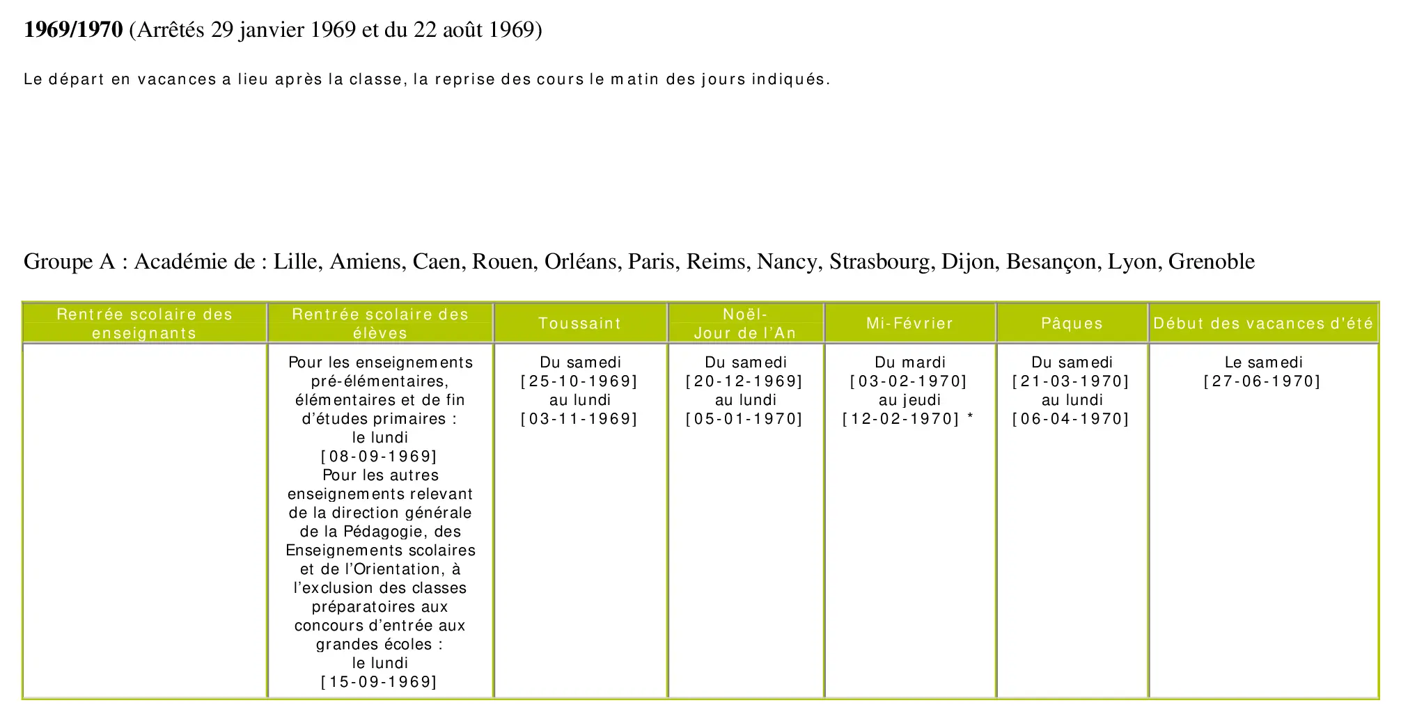 calendrier scolaire officiel 1969-1970