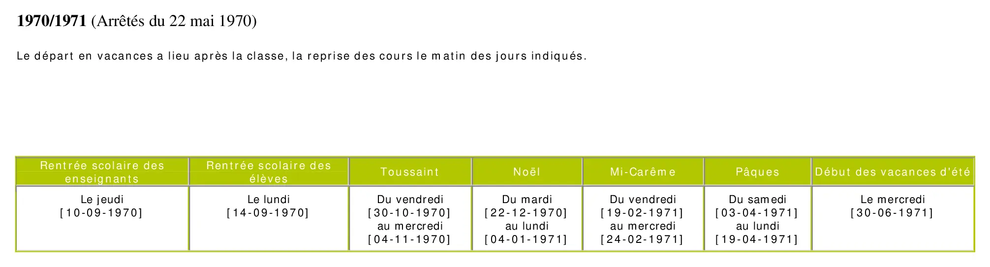 calendrier scolaire officiel 1970-1971