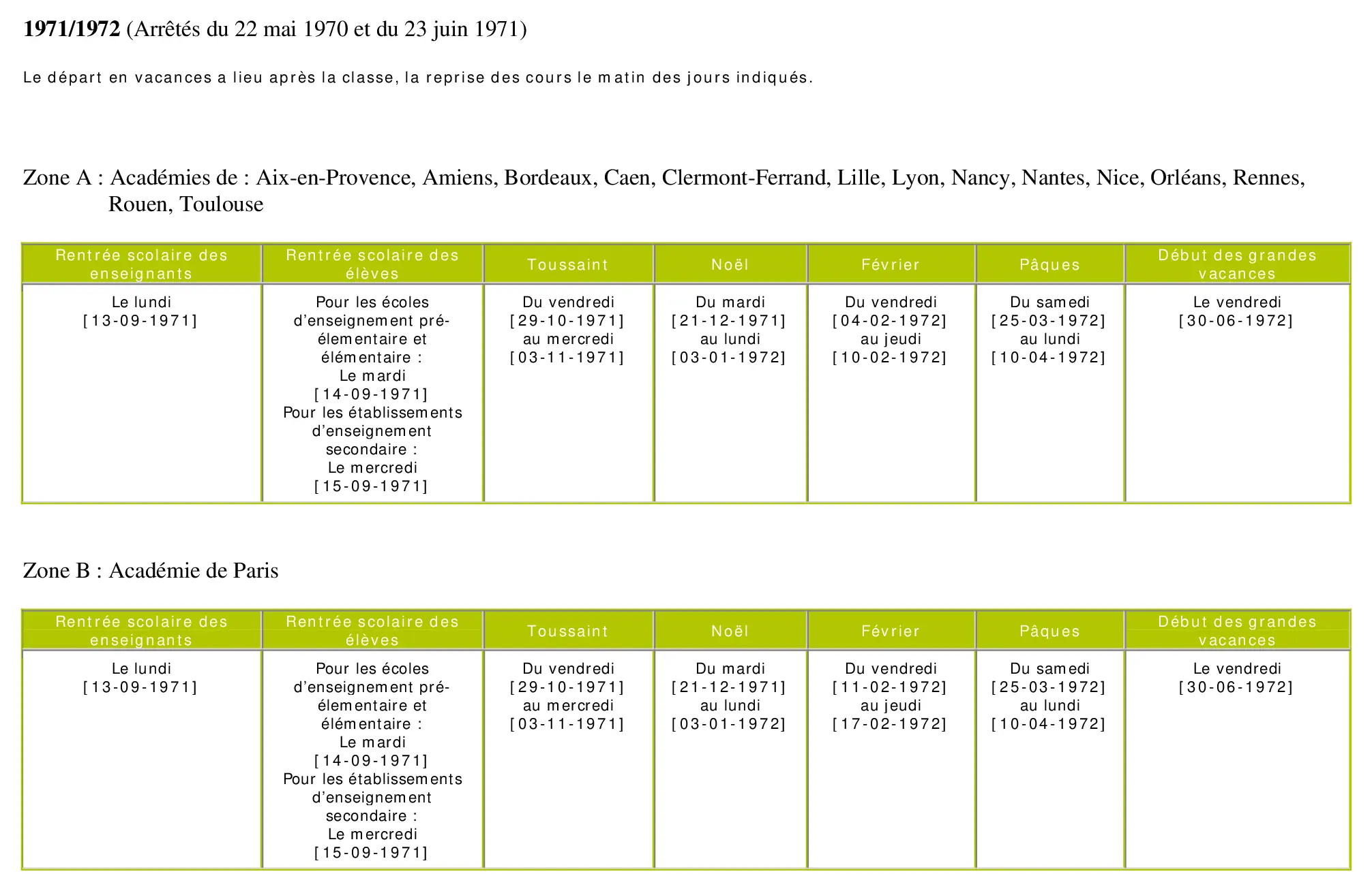 calendrier scolaire officiel 1971-1972