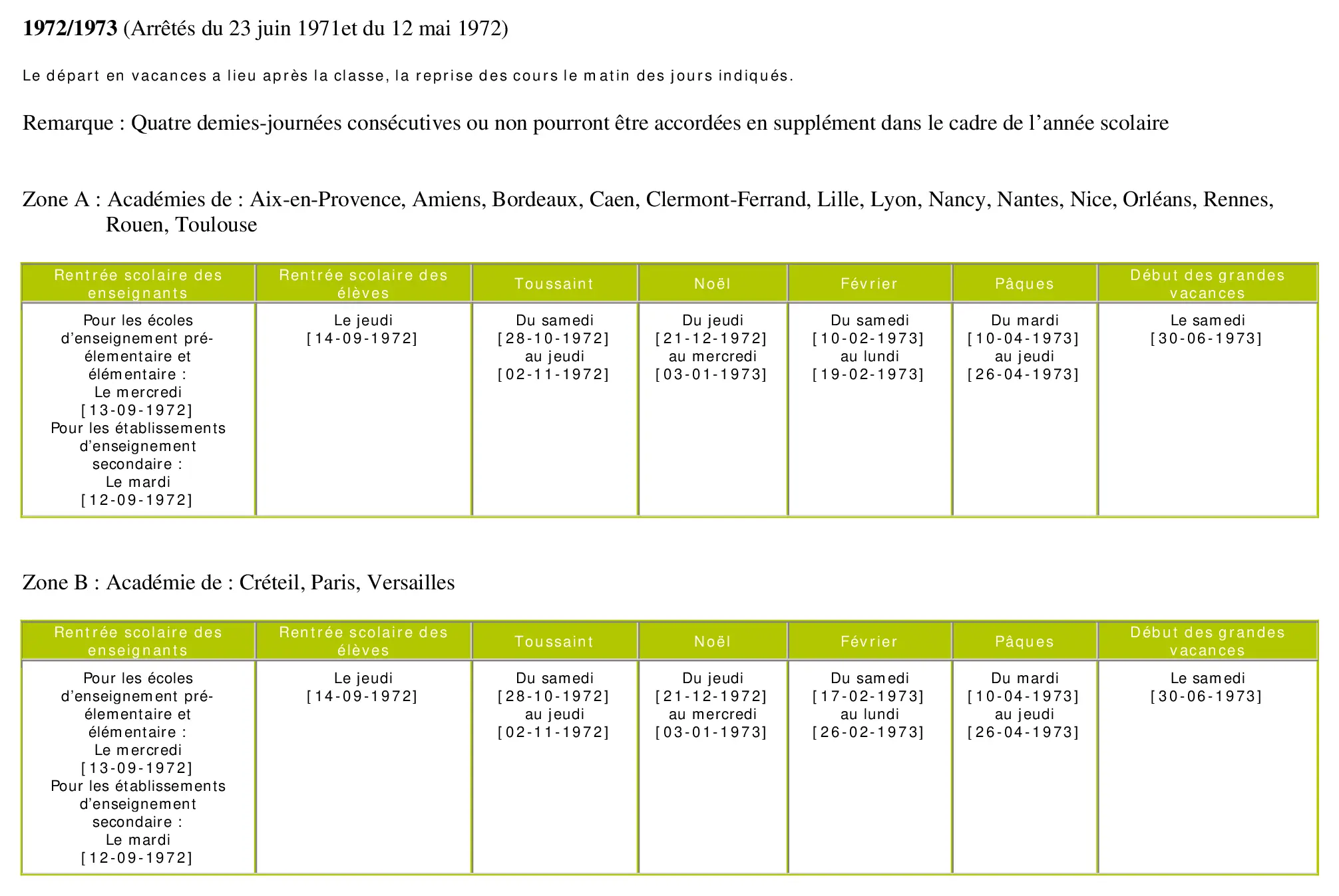 calendrier scolaire officiel 1972-1973