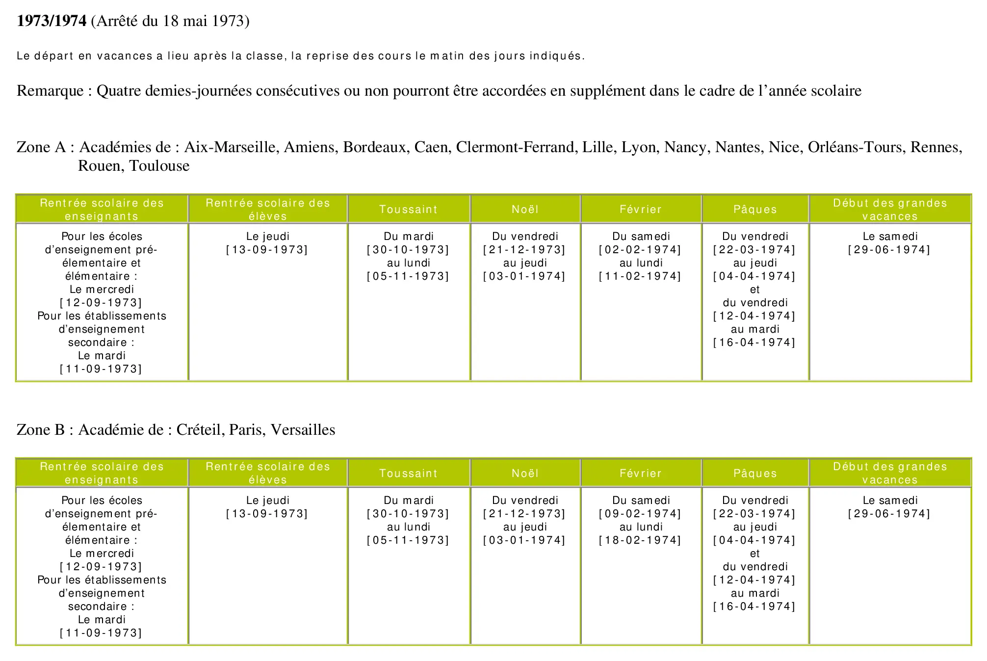 calendrier scolaire officiel 1973-1974