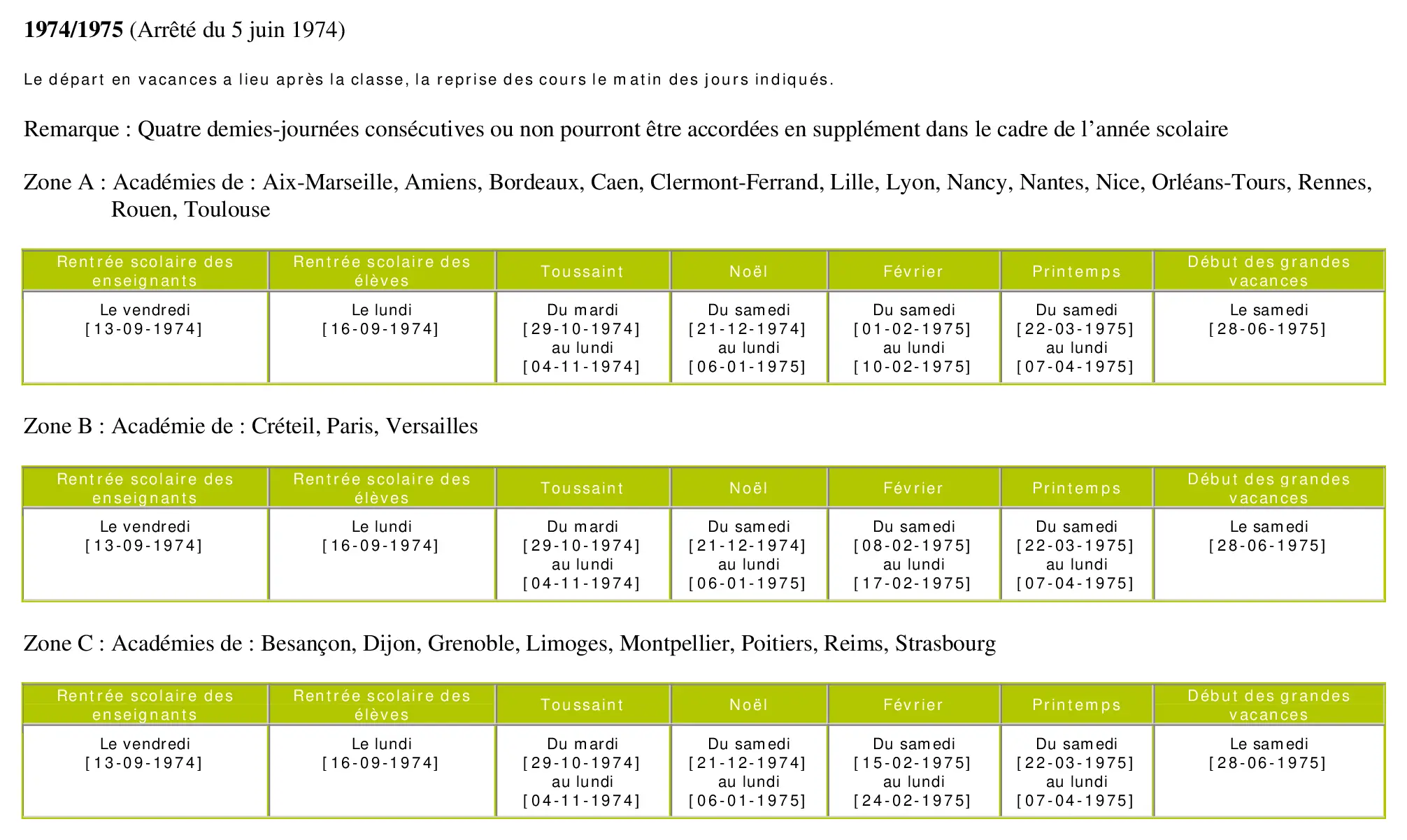 calendrier scolaire officiel 1974-1975