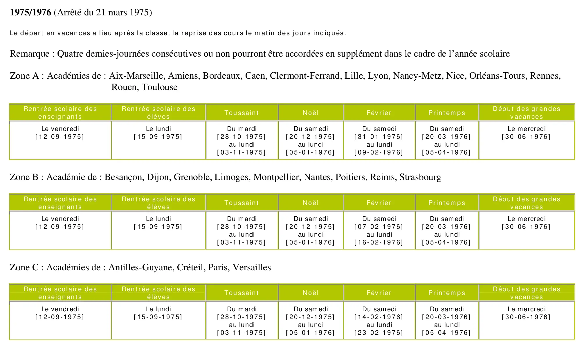 calendrier scolaire officiel 1975-1976