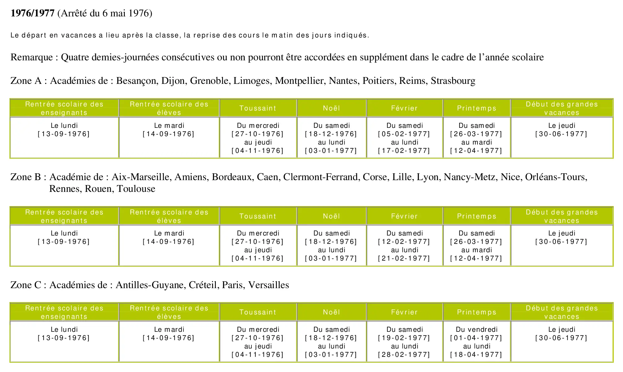 calendrier scolaire officiel 1976-1977