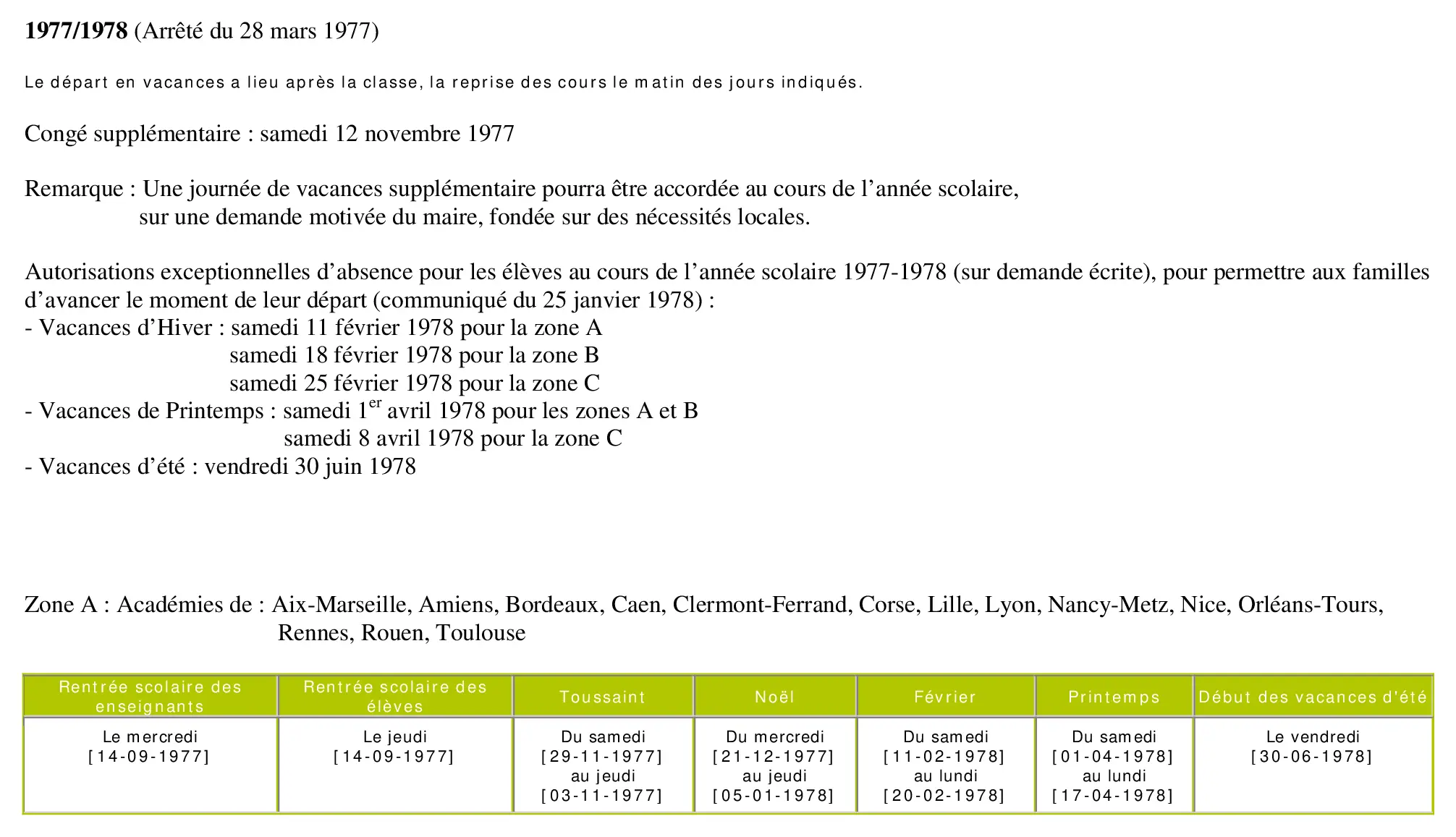 calendrier scolaire officiel 1977-1978