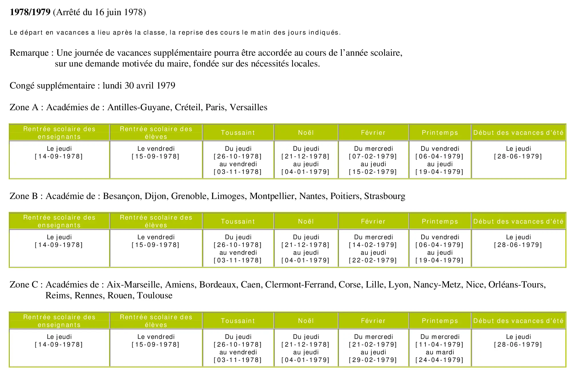 calendrier scolaire officiel 1978-1979