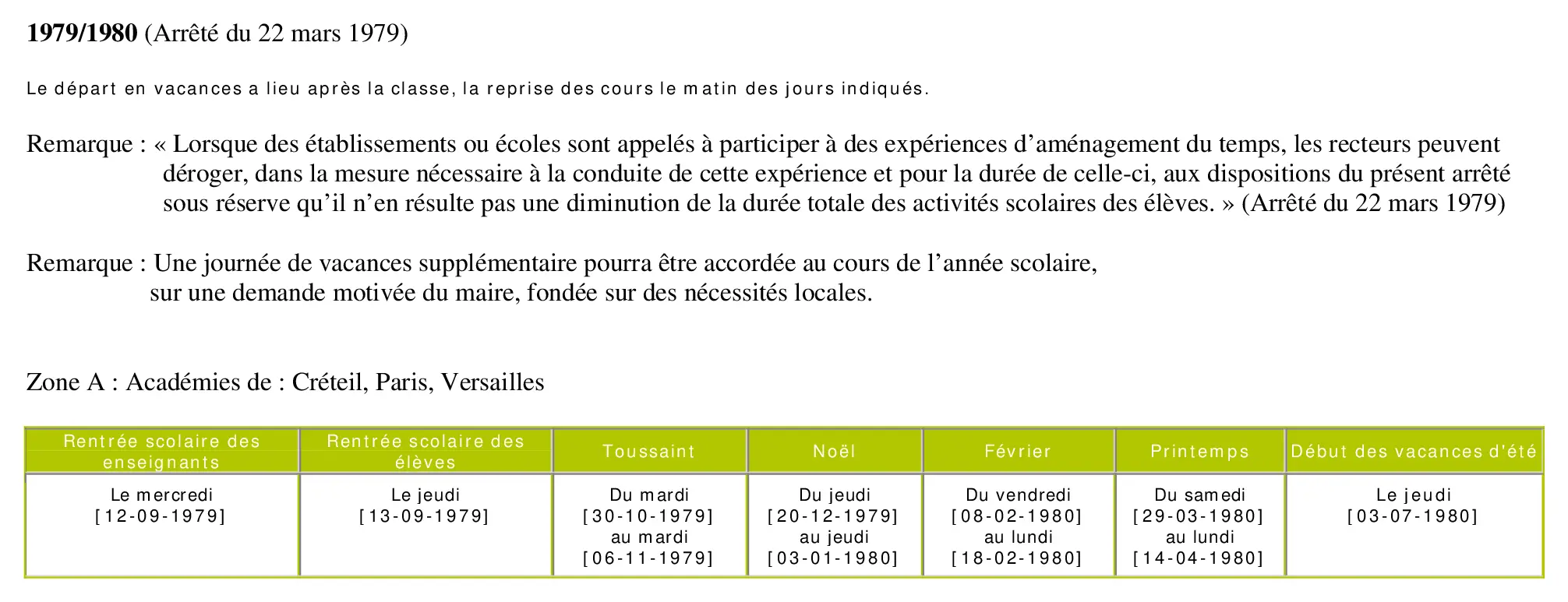 calendrier scolaire officiel 1979-1980