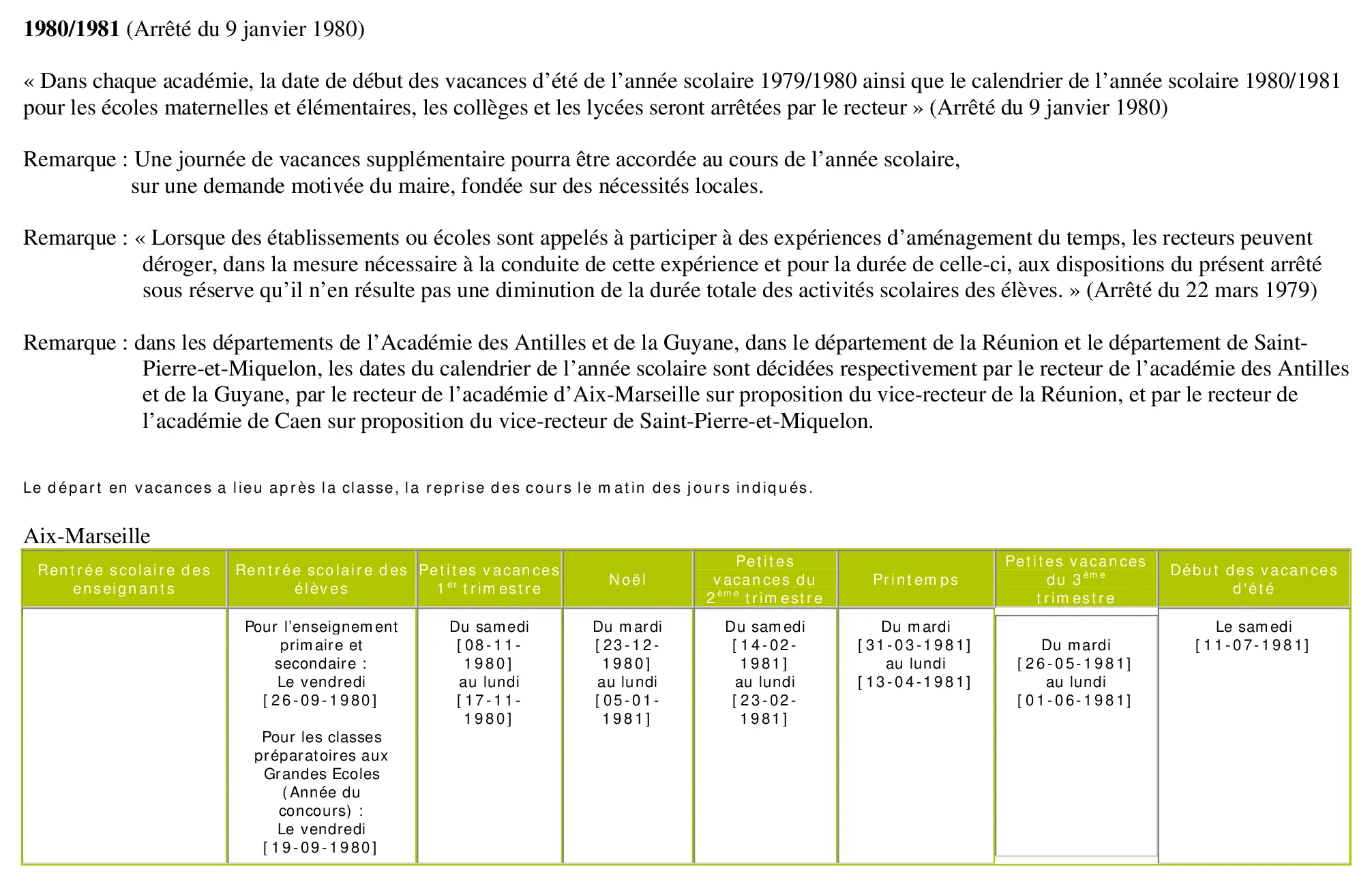 calendrier scolaire officiel 1981-1982