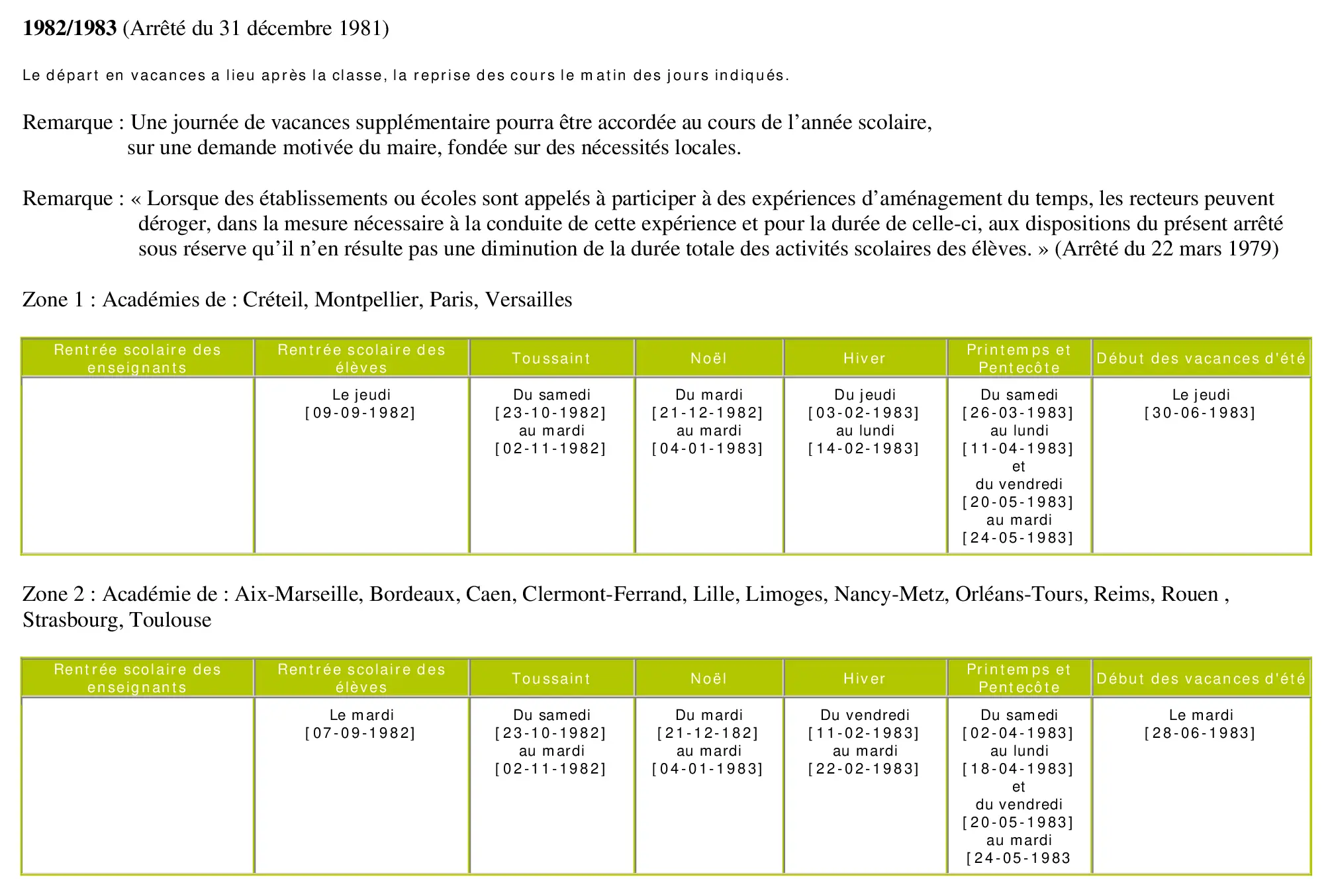 calendrier scolaire officiel 1982-1983