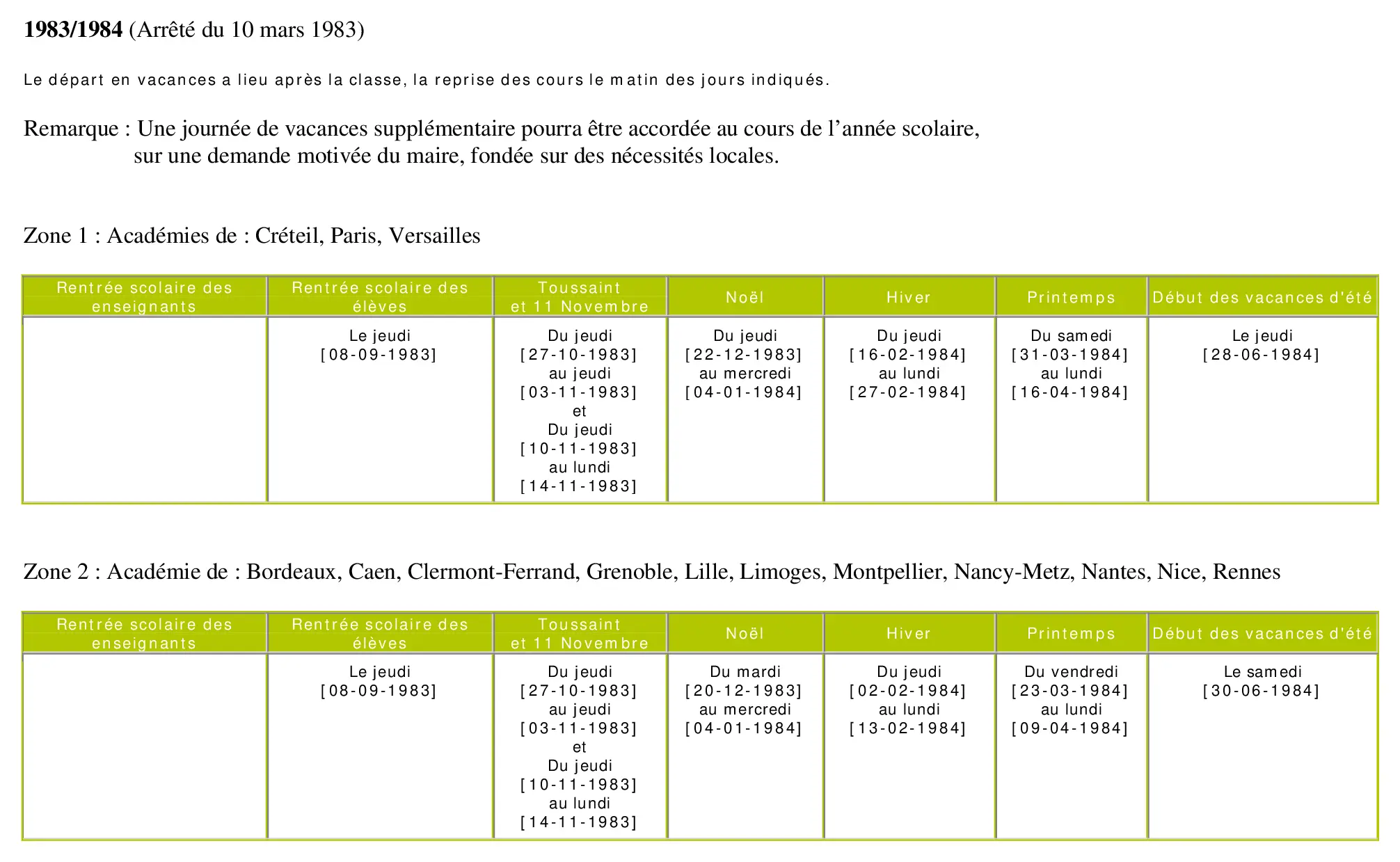 calendrier scolaire officiel 1983-1984