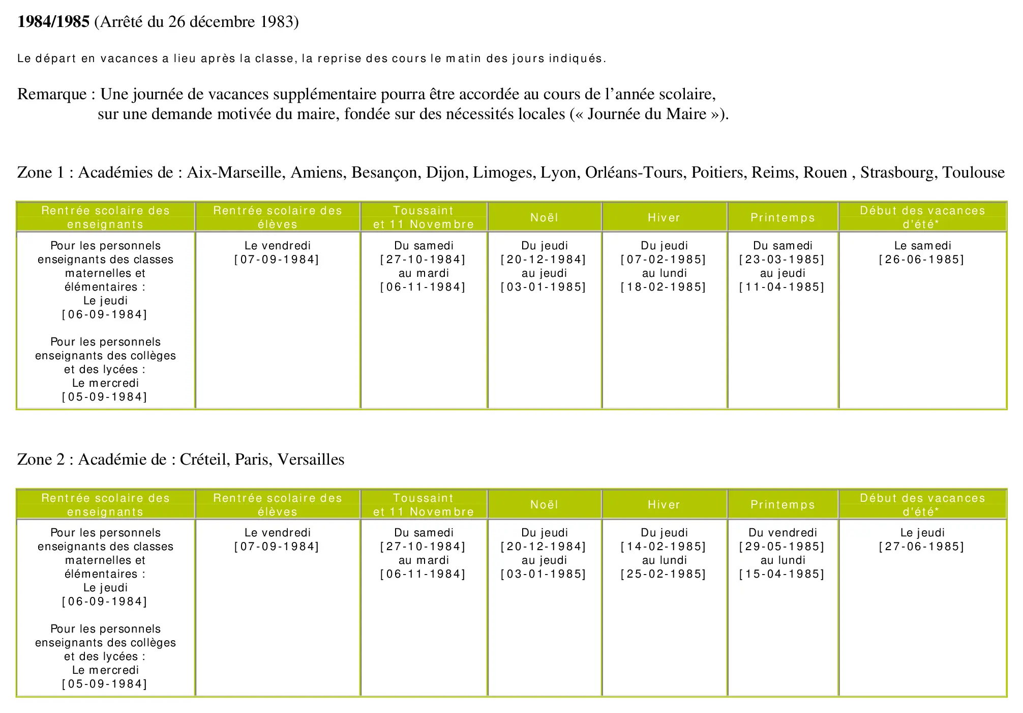 calendrier scolaire officiel 1984-1985