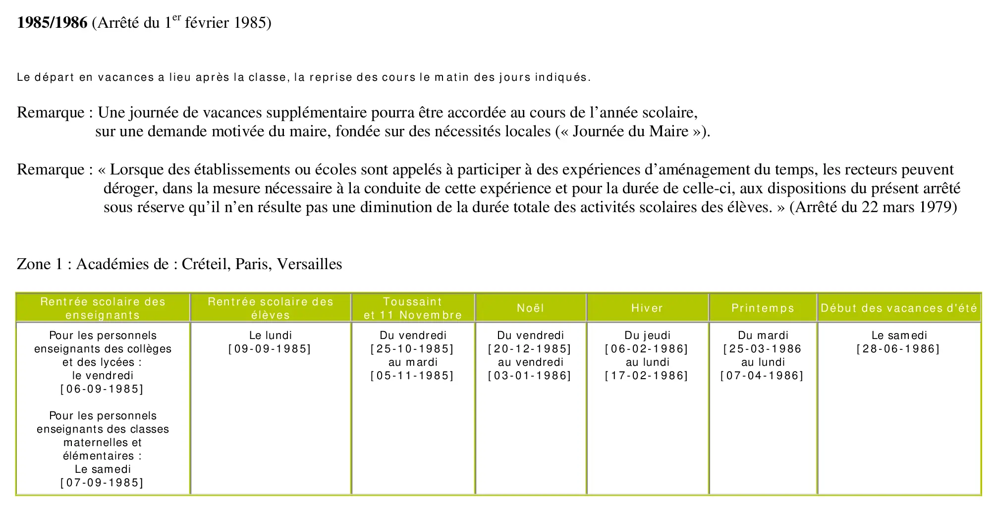 calendrier scolaire officiel 1985-1986