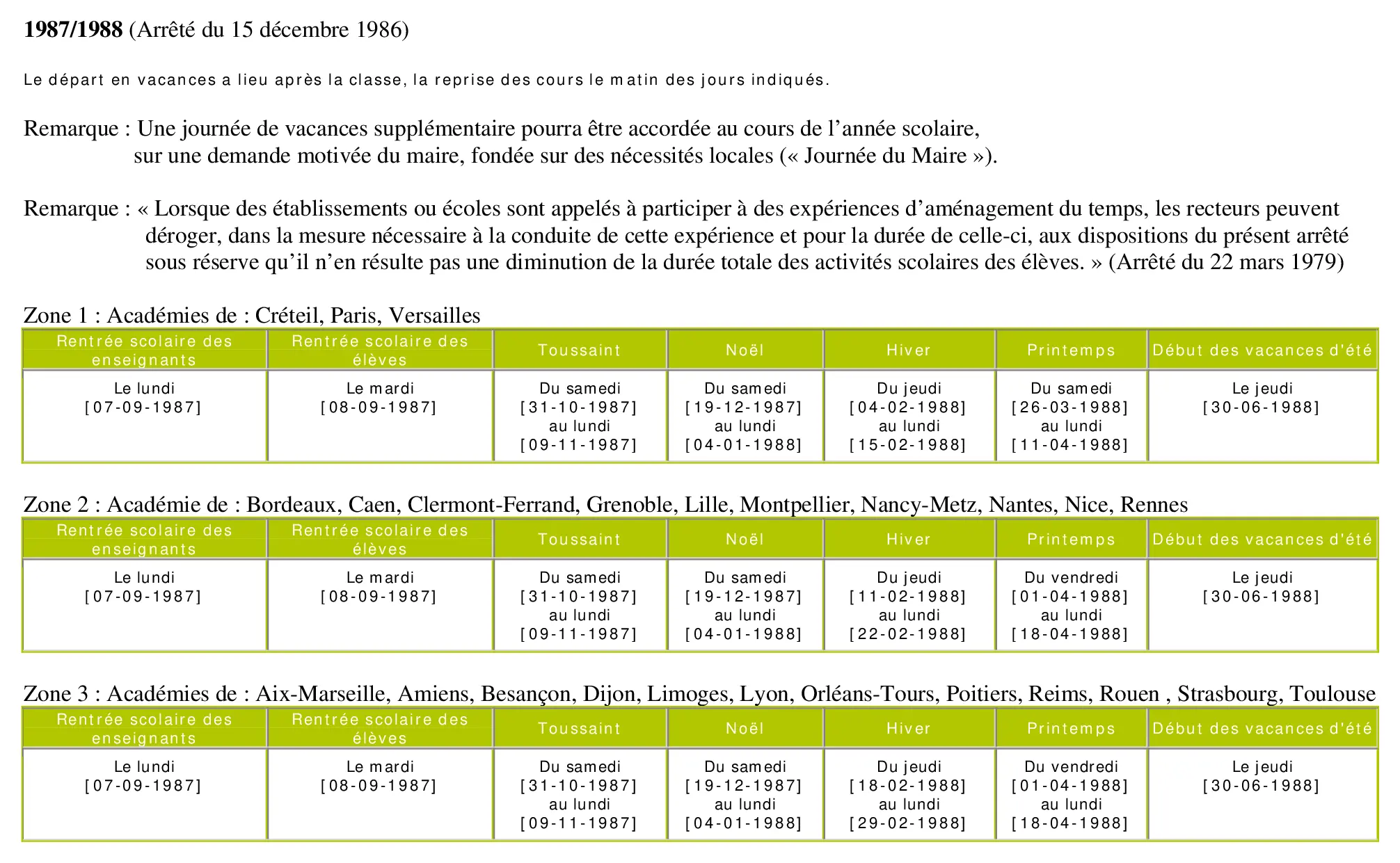 calendrier scolaire officiel 1987-1988