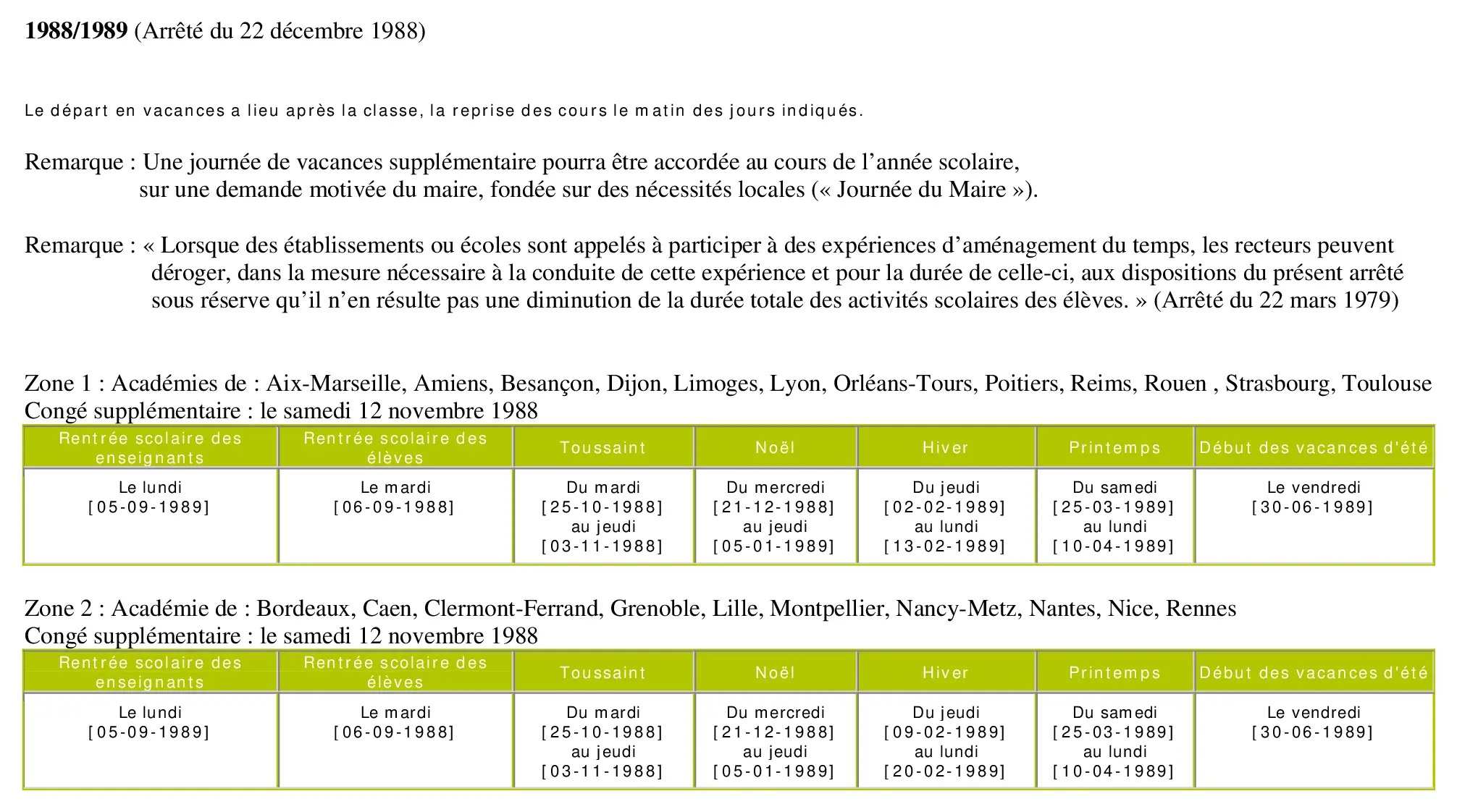 calendrier scolaire officiel 1988-1989