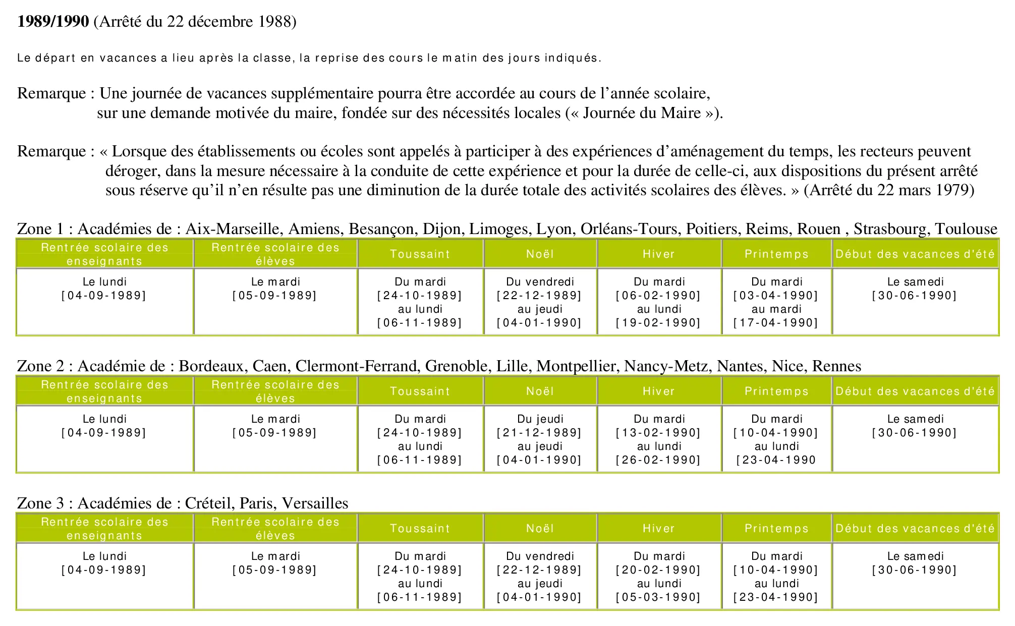 calendrier scolaire officiel 1989-1990