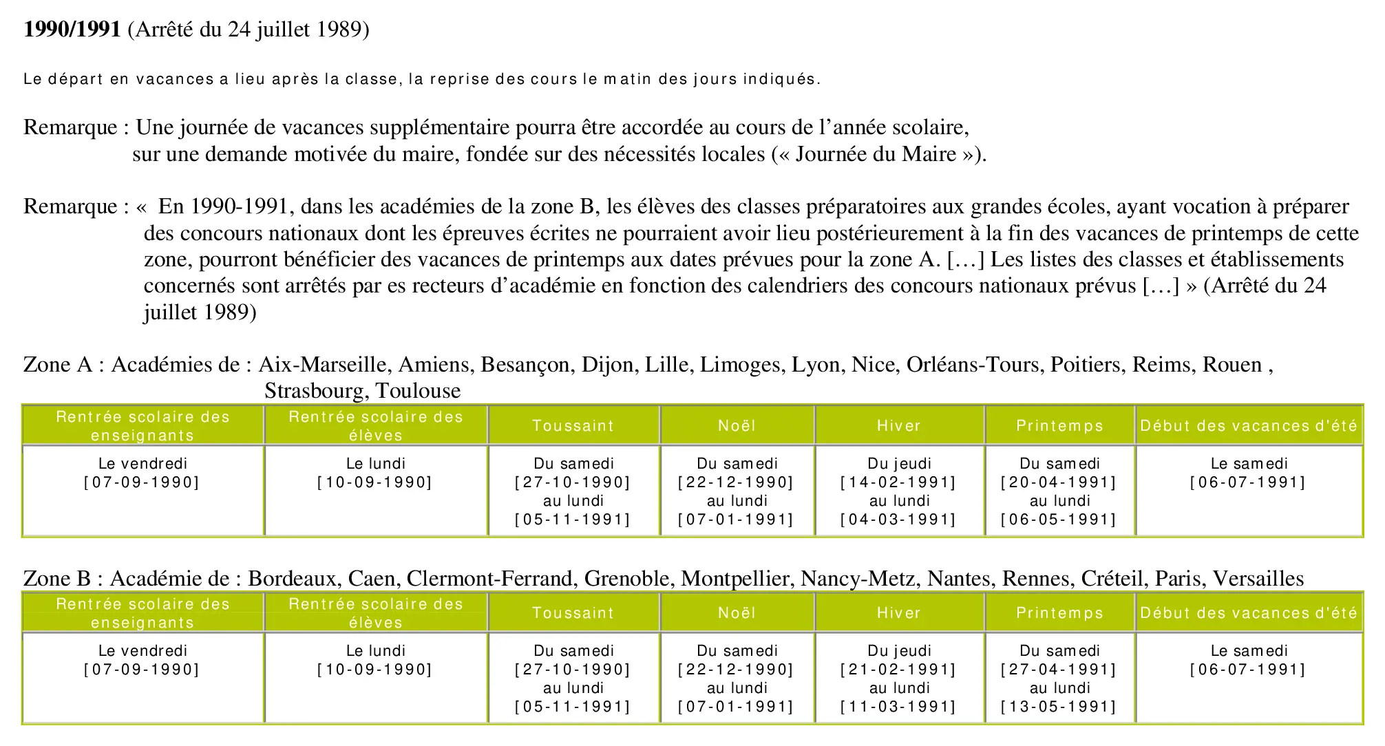 calendrier scolaire officiel 1990-1991