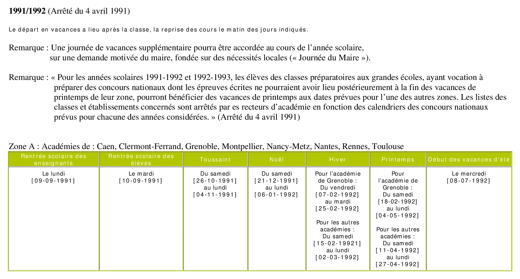 calendrier scolaire officiel 1991-1992