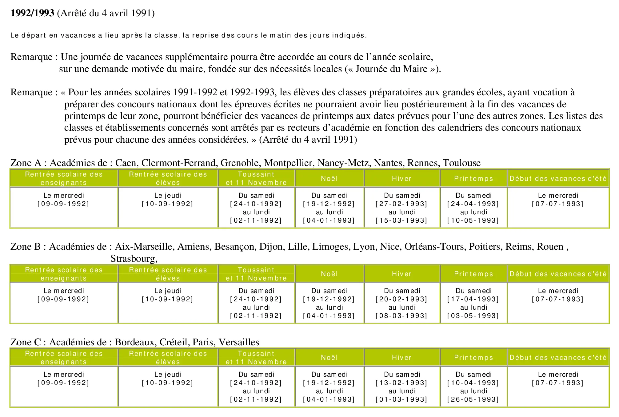 calendrier scolaire officiel 1992-1993
