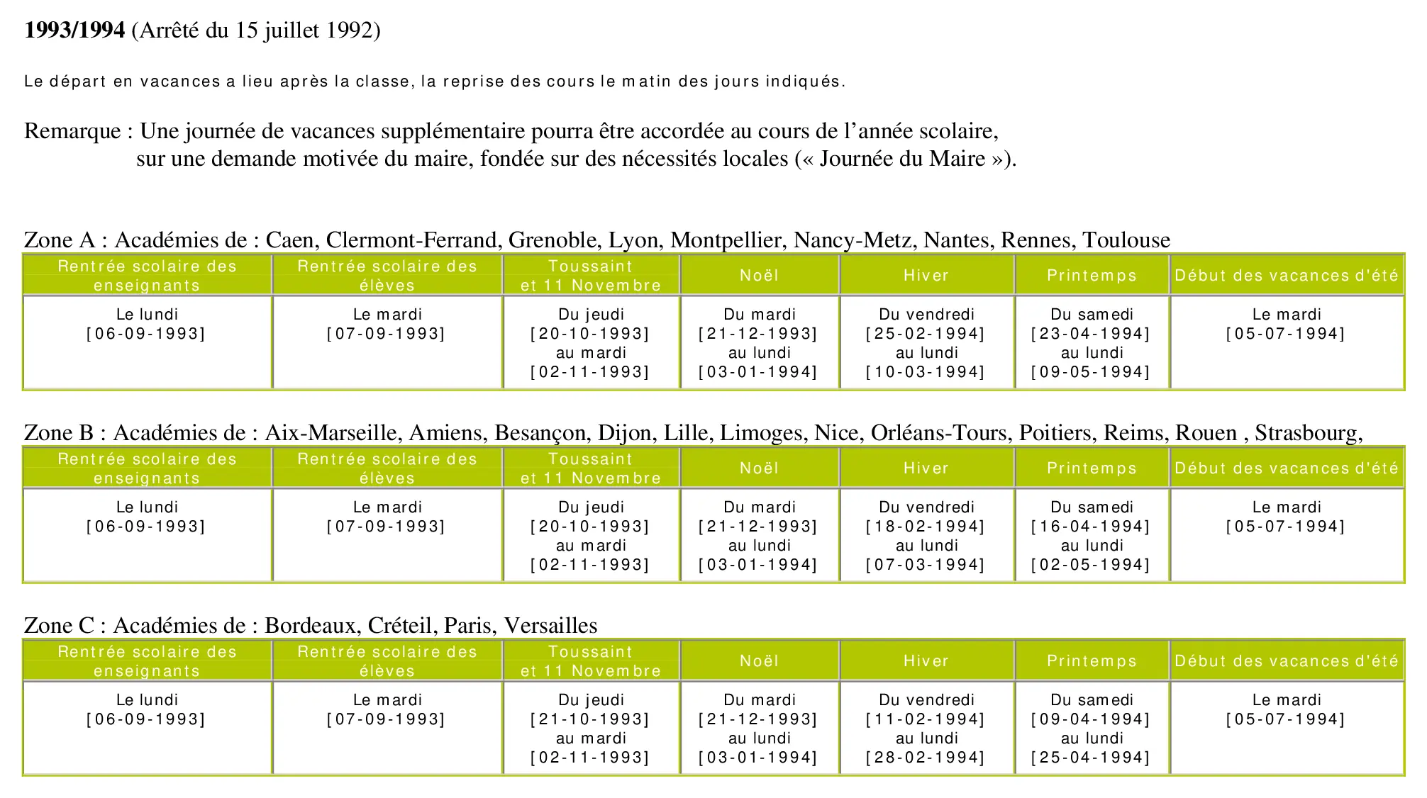 calendrier scolaire officiel 1993-1994