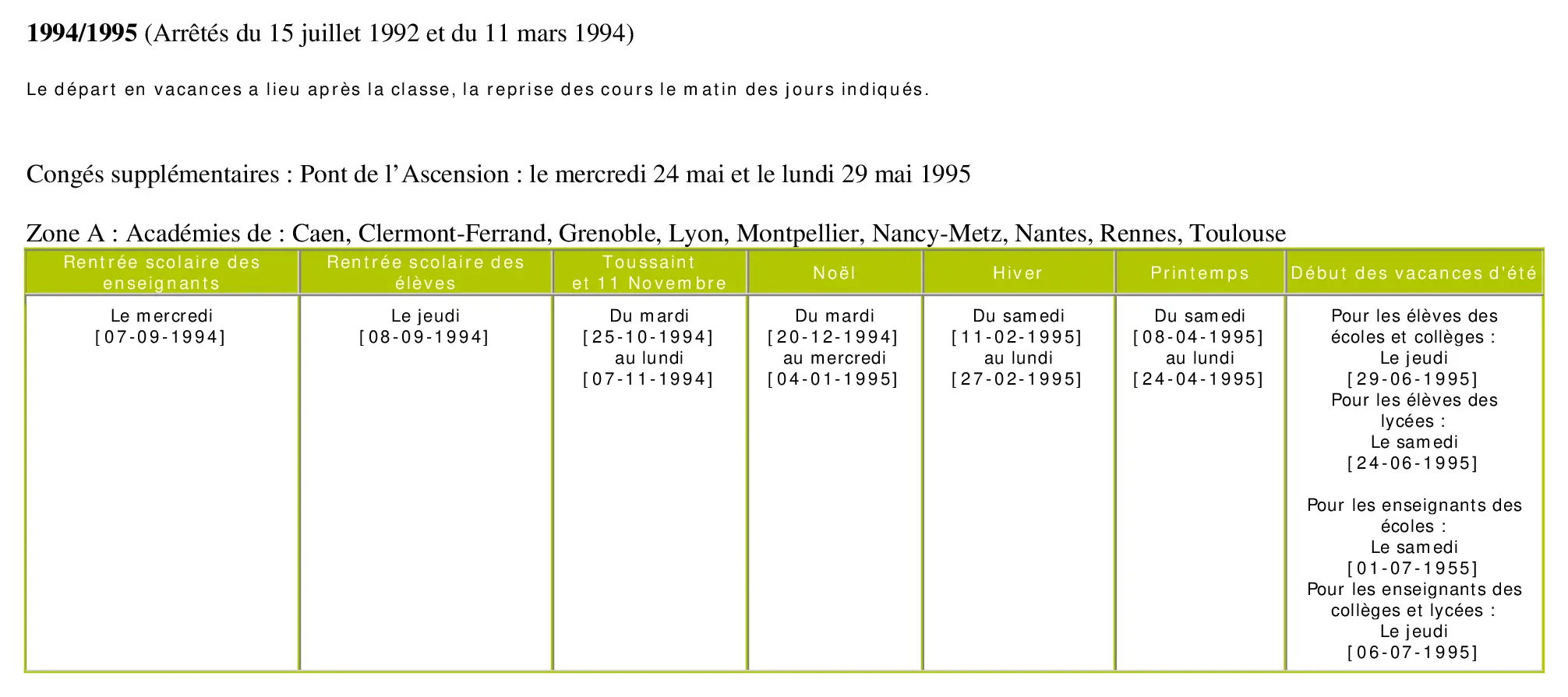 calendrier scolaire officiel 1994-1995