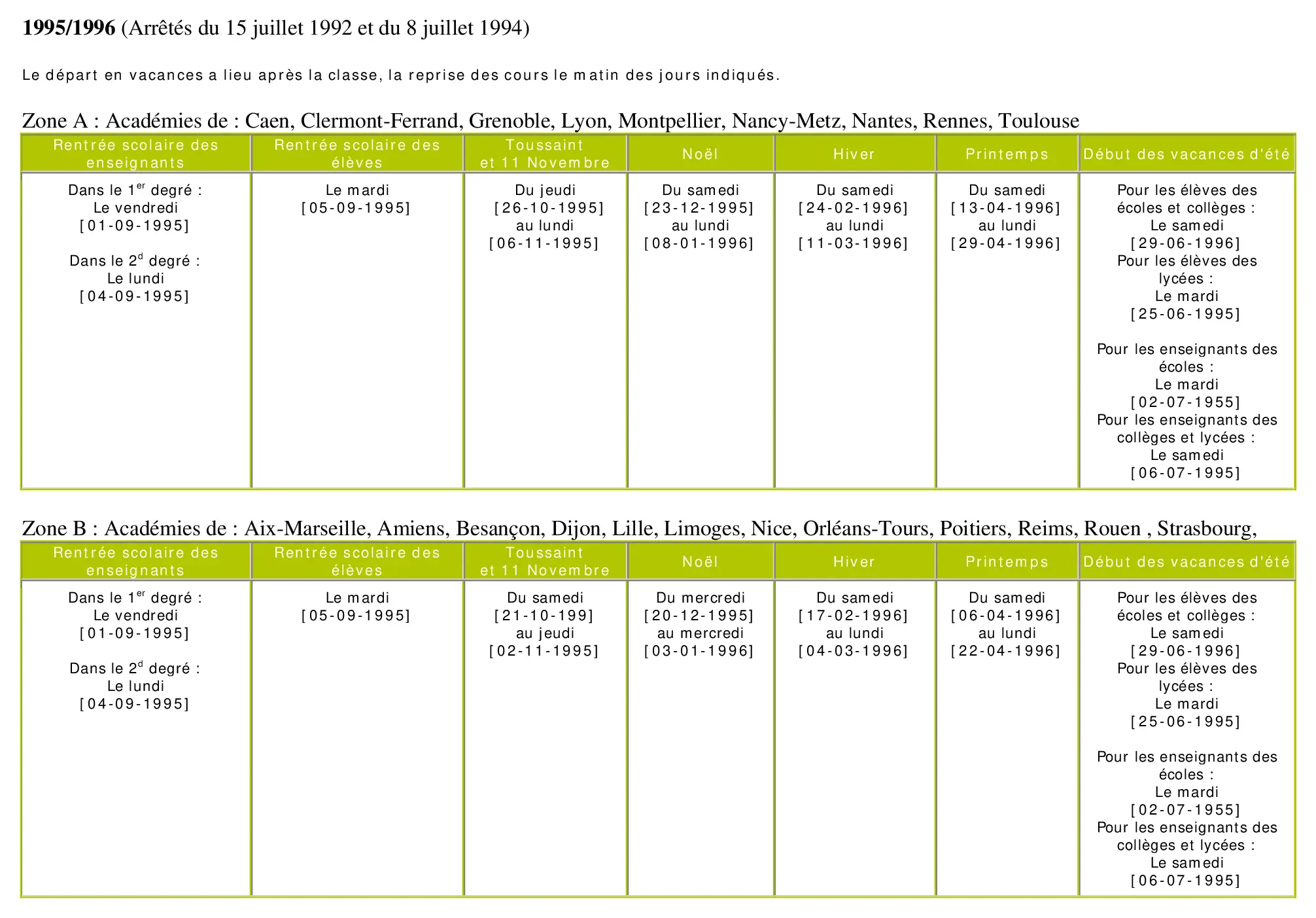 calendrier scolaire officiel 1995-1996