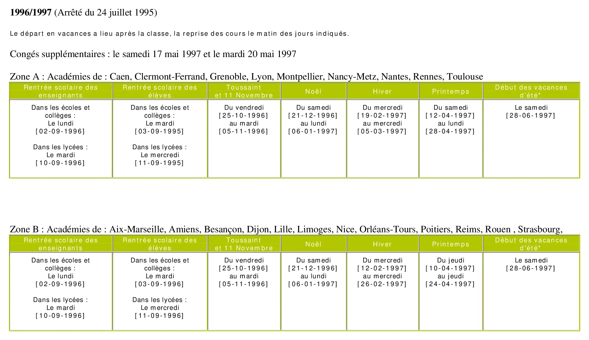 calendrier scolaire officiel 1996-1997