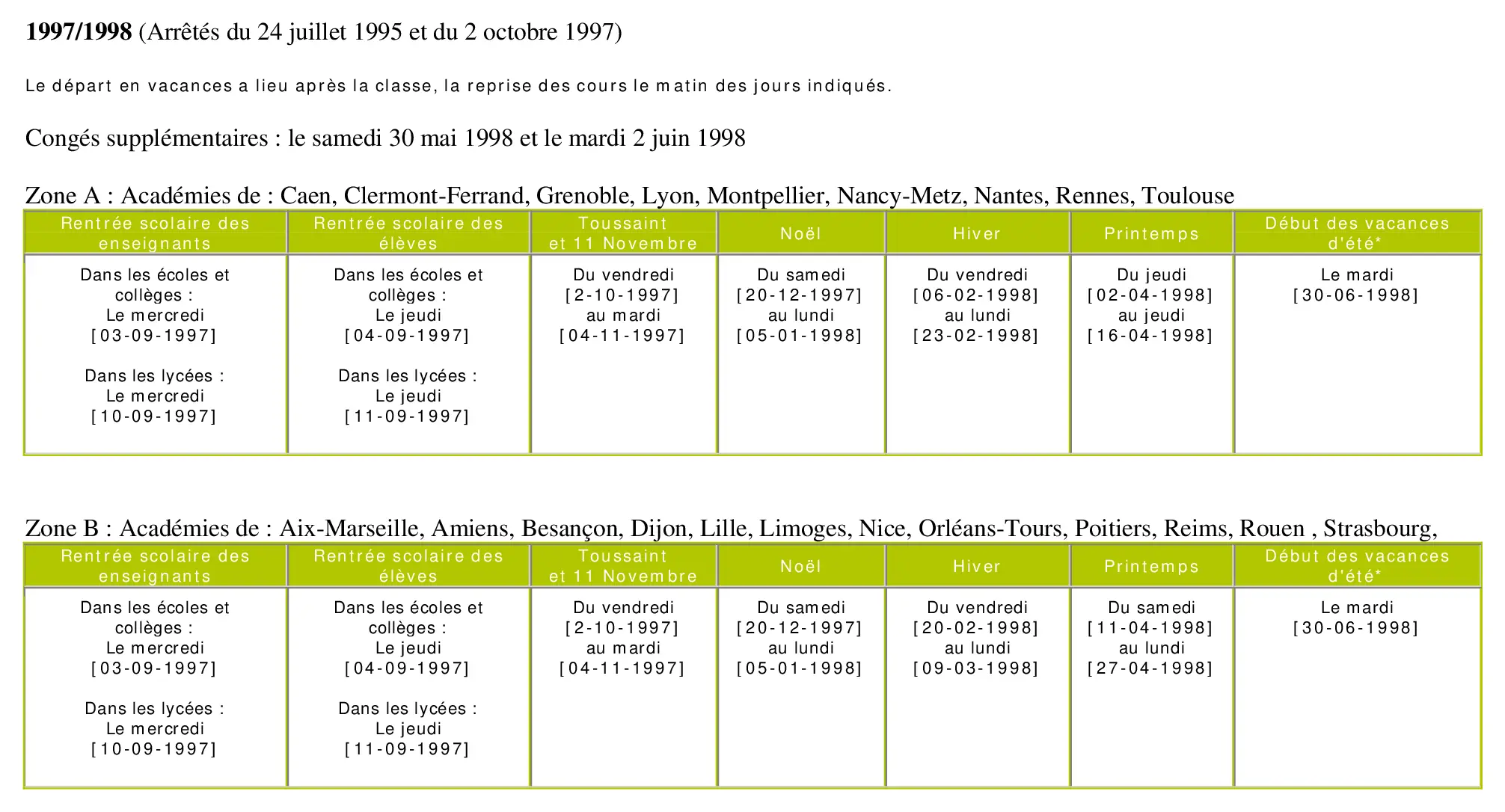 calendrier scolaire officiel 1997-1998