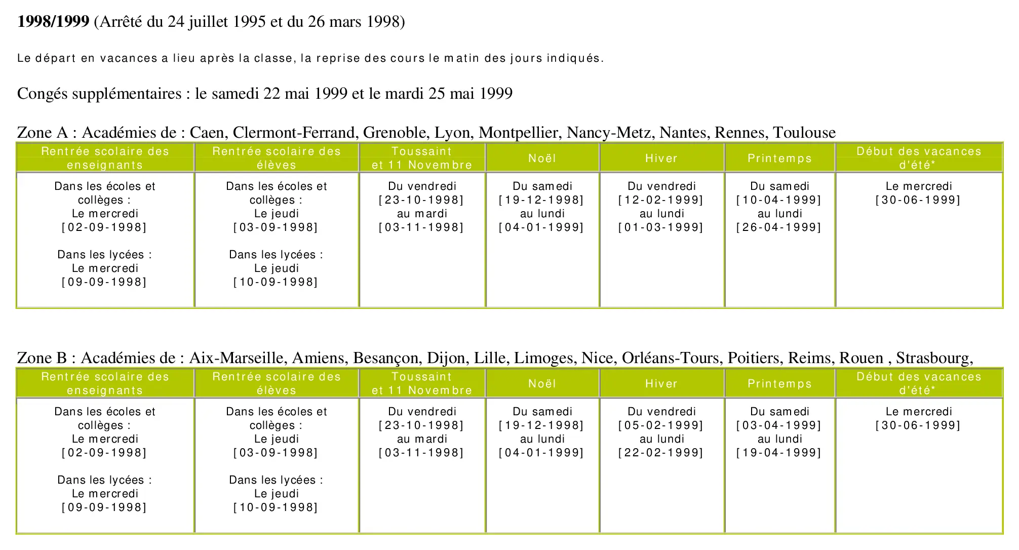 calendrier scolaire officiel 1998-1999