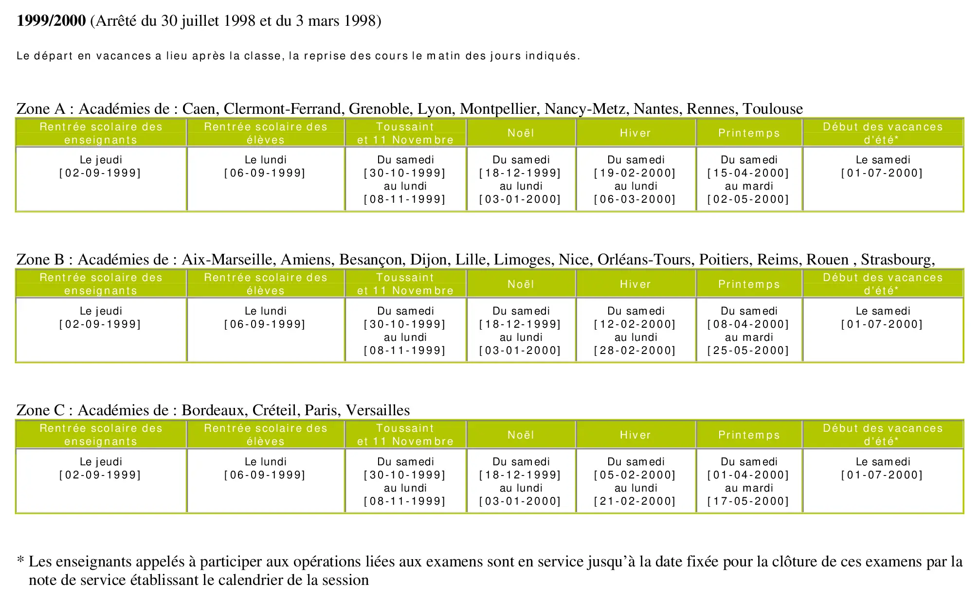 calendrier scolaire officiel 1999-2000